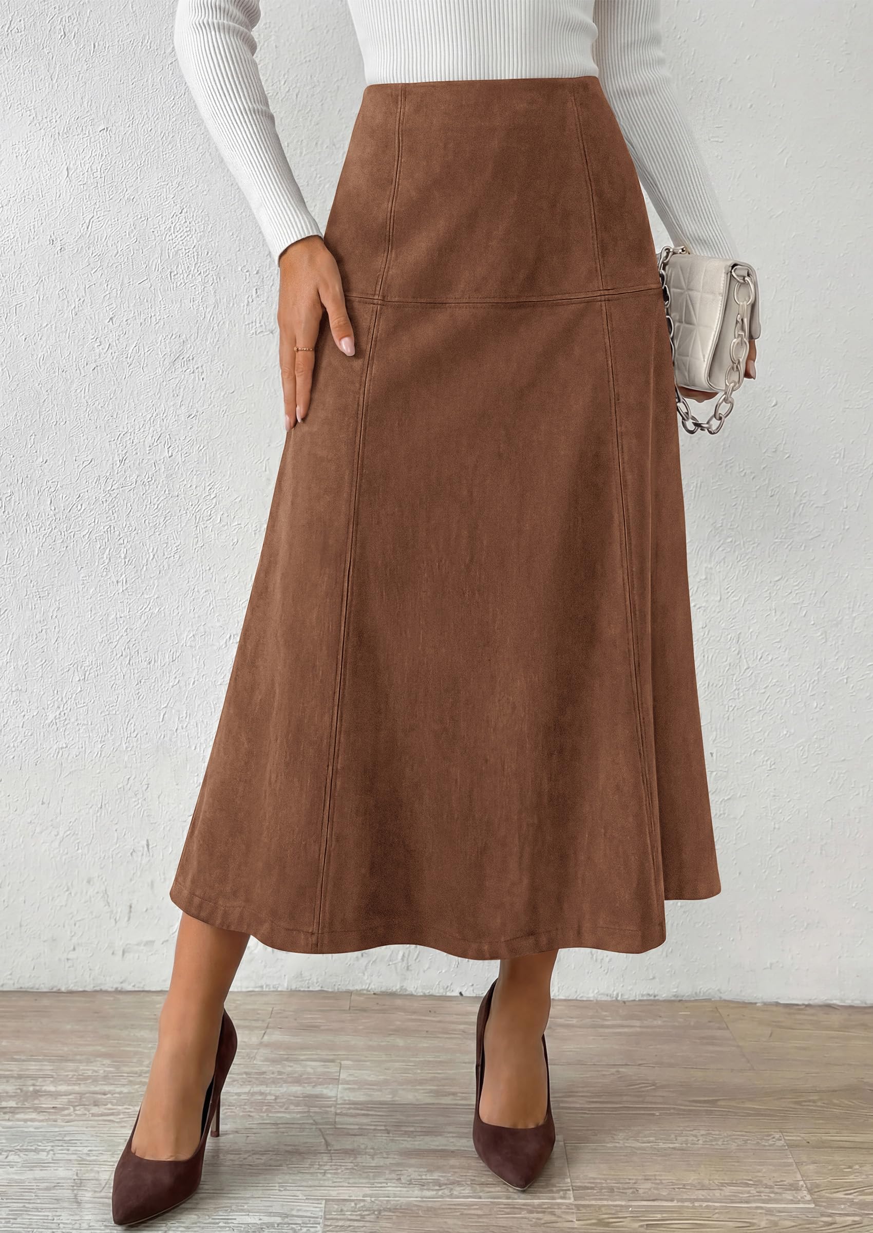 Womens High Waist Faux Suede A Line Midi Skirt,Brown,S