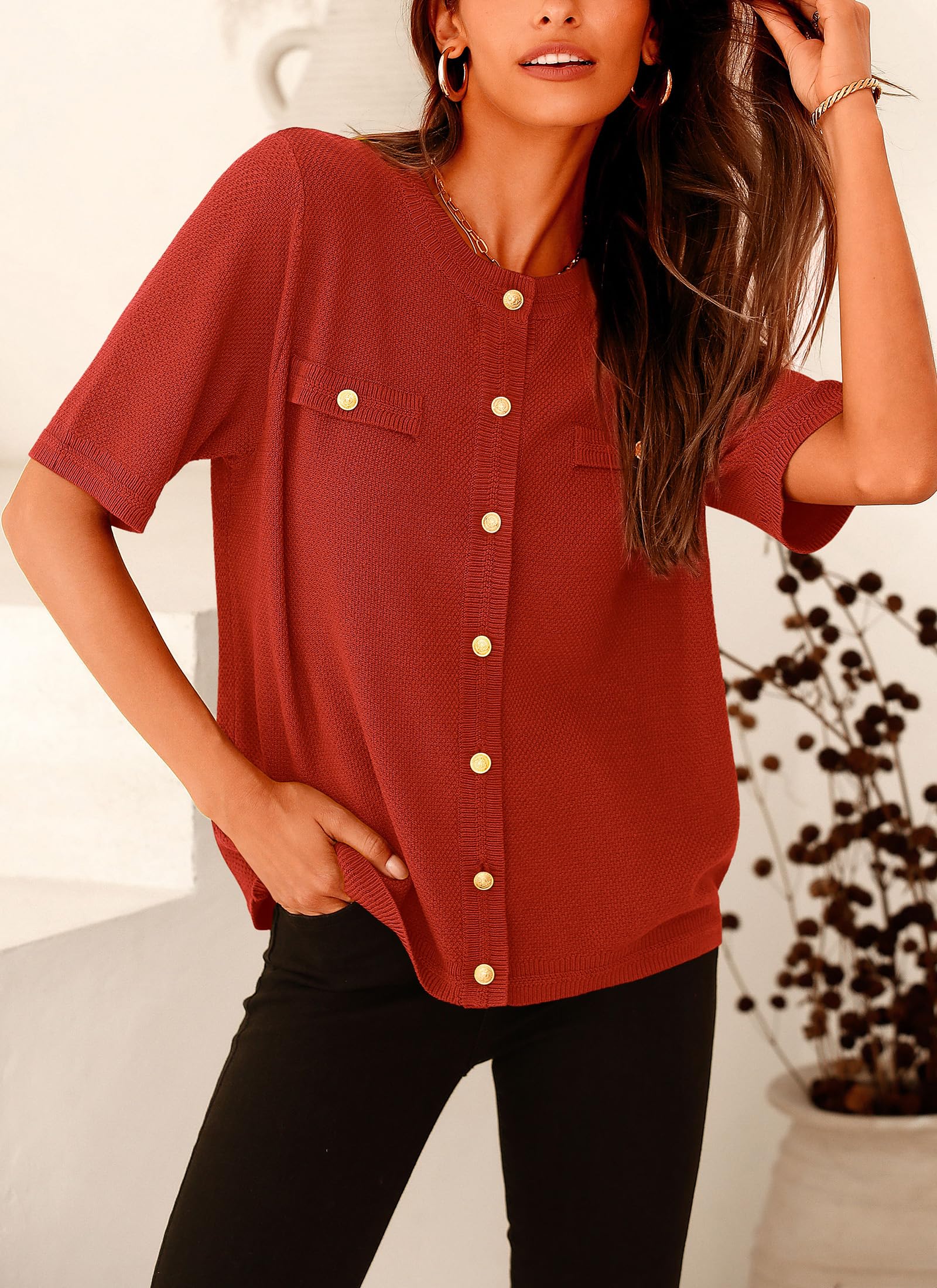 Women's Summer Casual Button Down Shirts Rust Red,Small