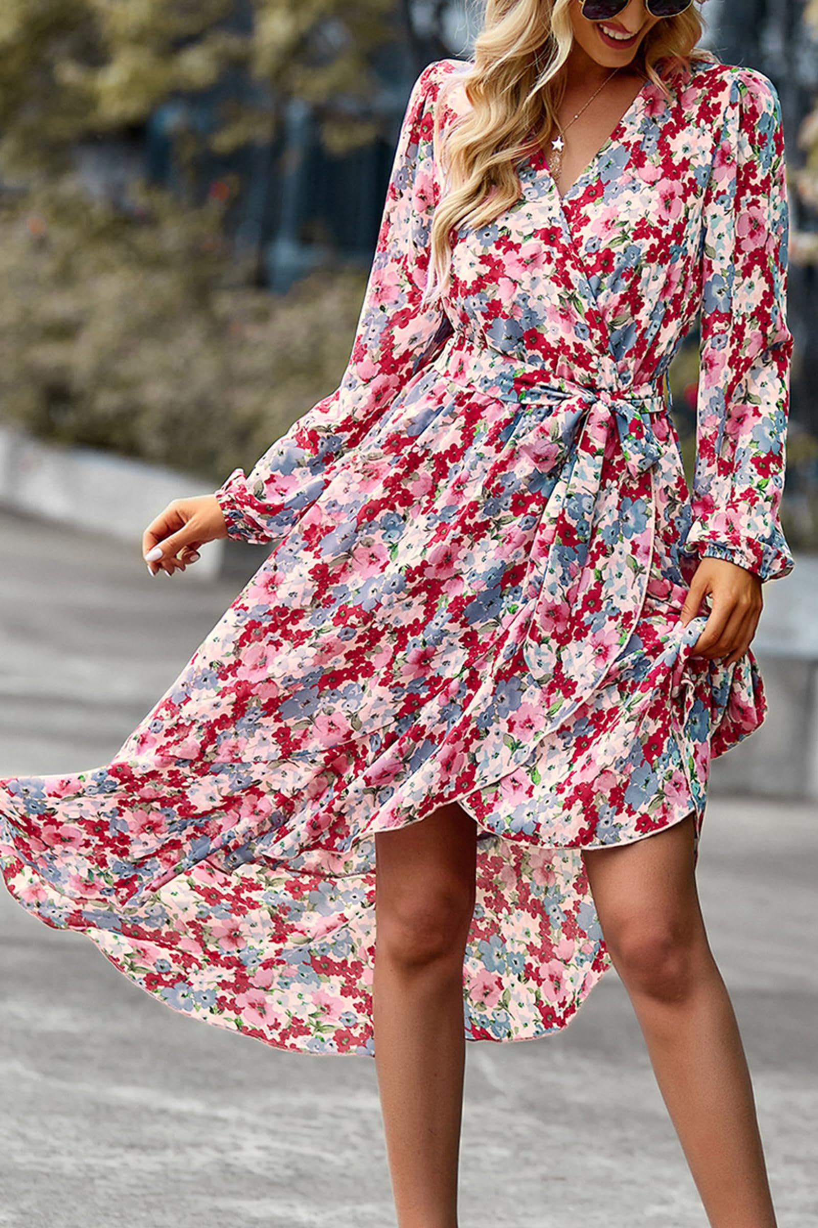 Women's Floral Boho Long Sleeve Maxi Dress, Floral Pink,S