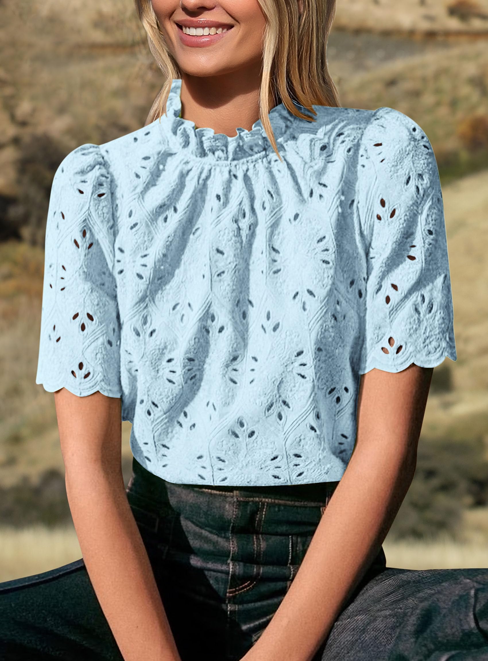 Women Summer Tops Eyelet Embroidered Shirts,Light Blue,XS