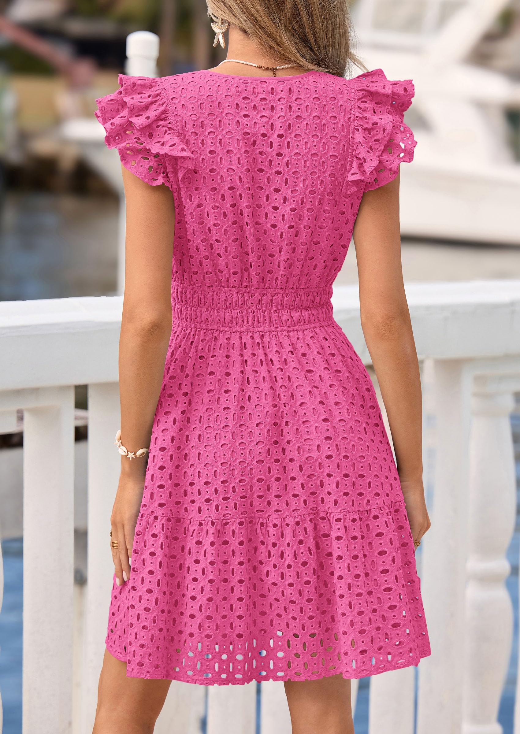 Women's Summer V Neck Eyelet Short Dress (Rose Red,Small)