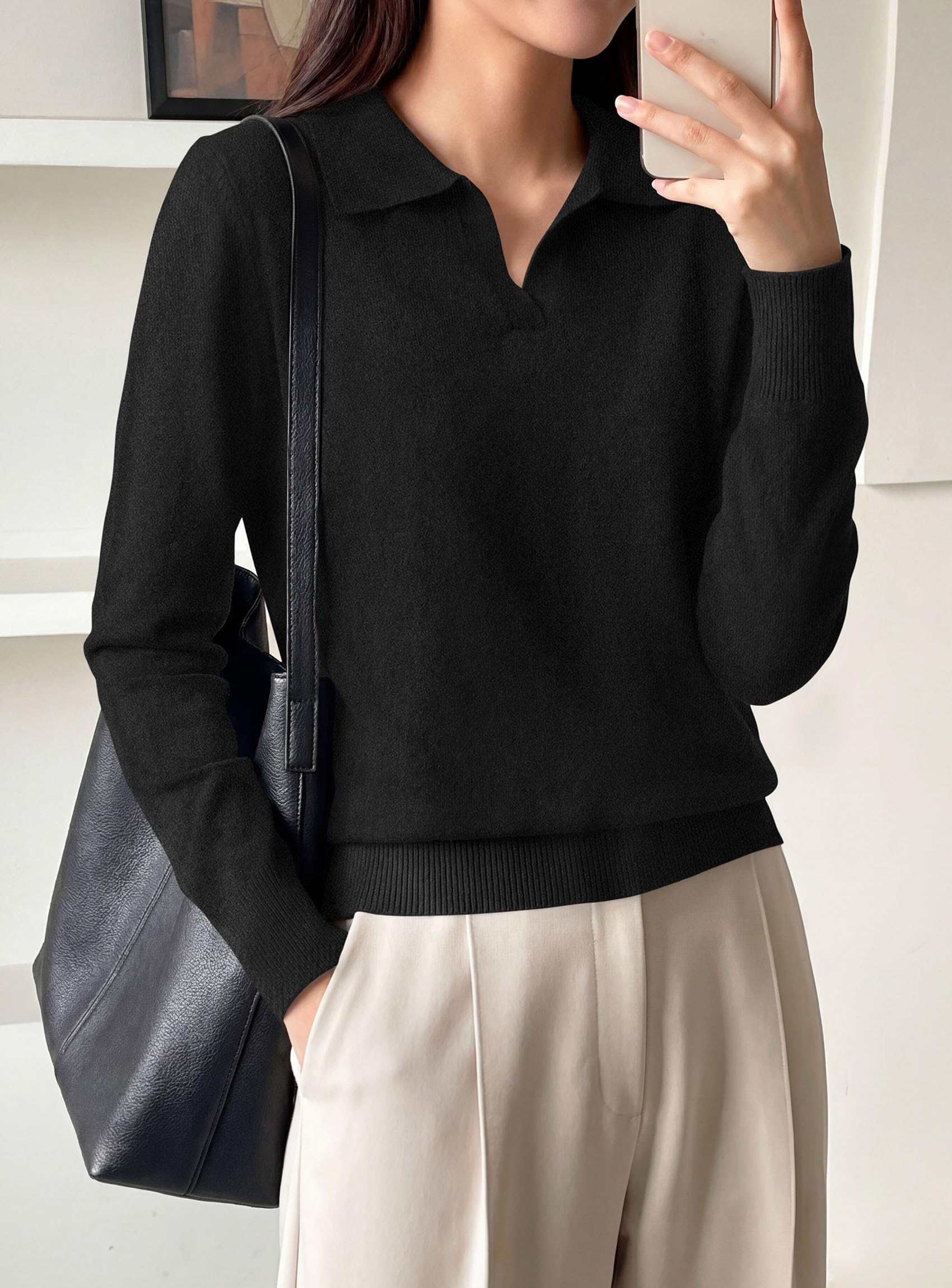 Womens Long Sleeve Collared Polo Sweater,Black,S