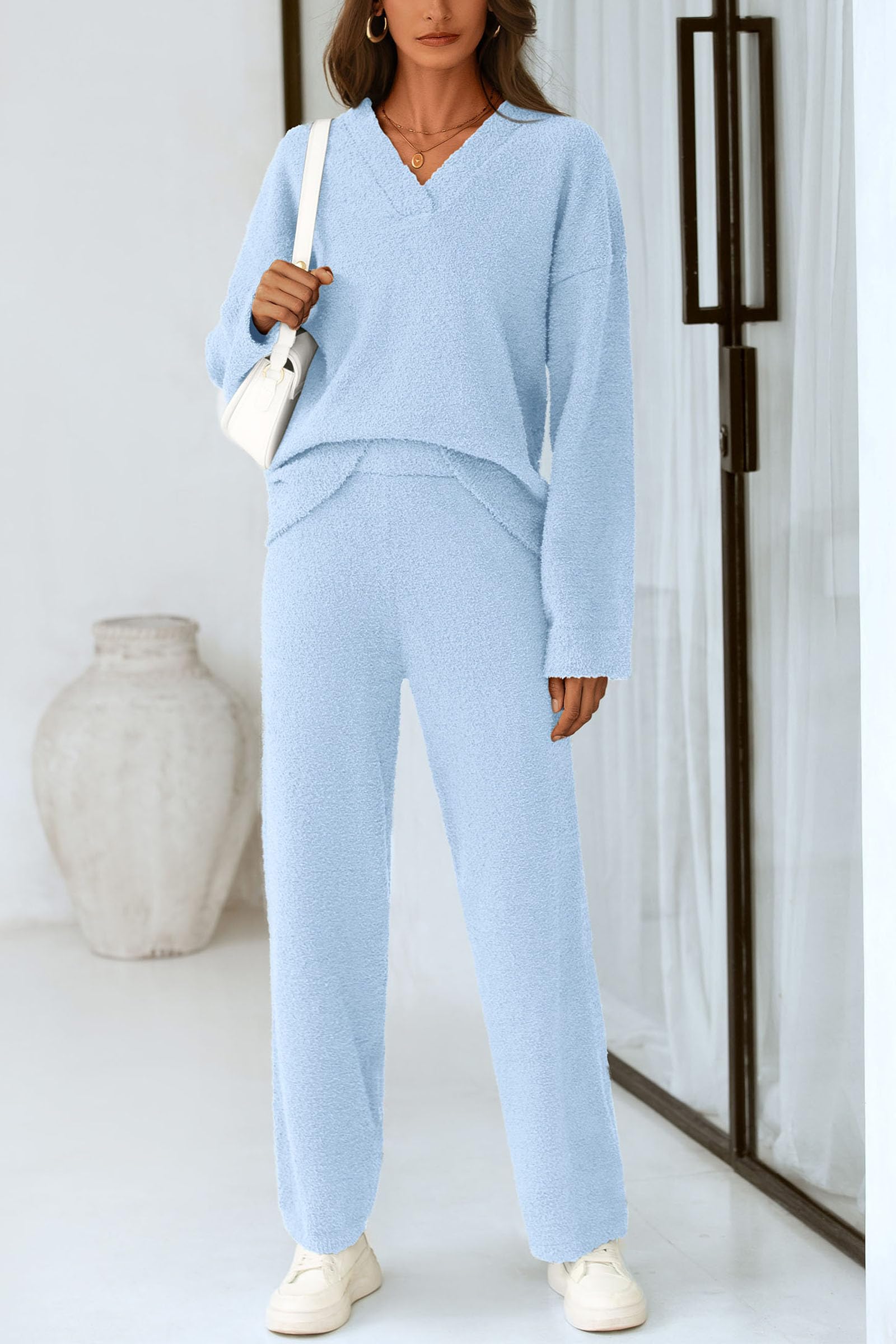 Lounge Sets for Women Fall 2 Piece Fuzzy Sweater Pajama Set