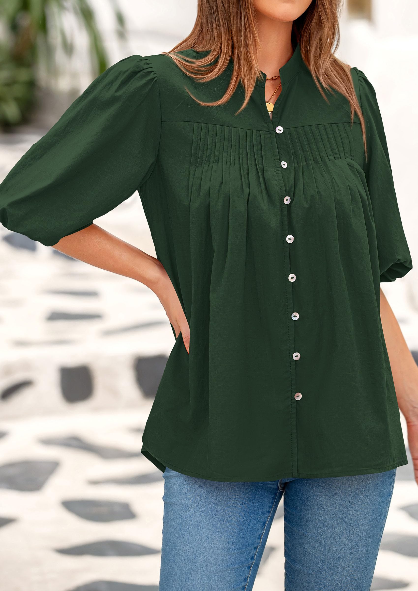 Short Sleeve Henley Shirts for Women,Dark Green,S