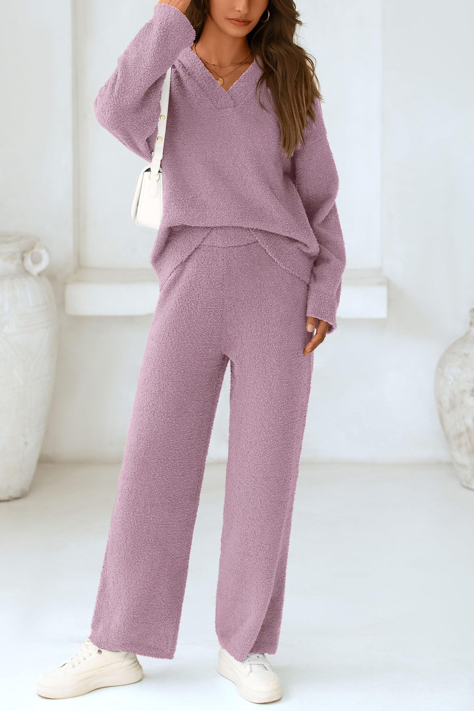 Lounge Sets for Women Fall 2 Piece Fuzzy Sweater Pajama Set