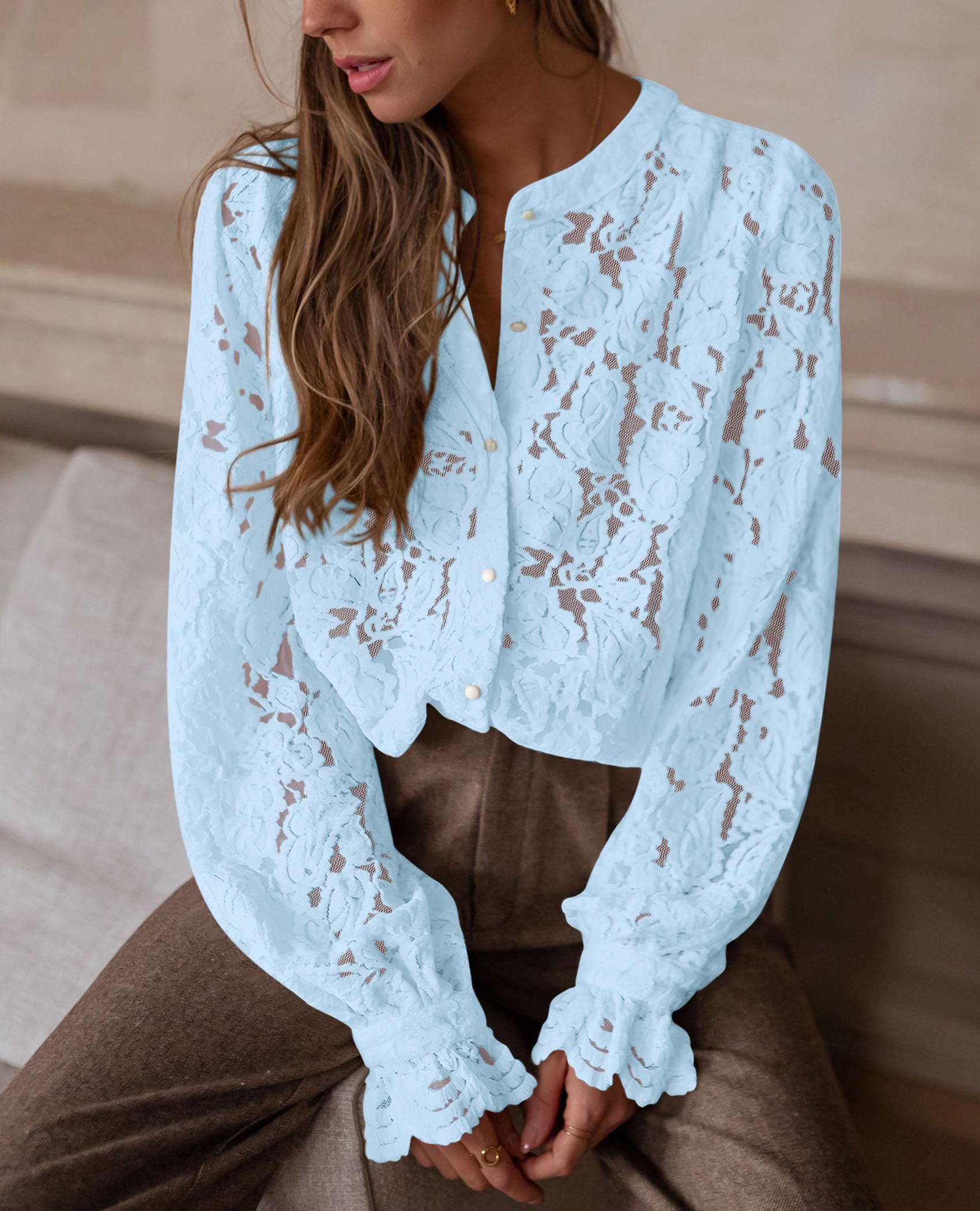 Women's Fall Trendy Long Sleeve Lace Tops(Light Blue,Small)