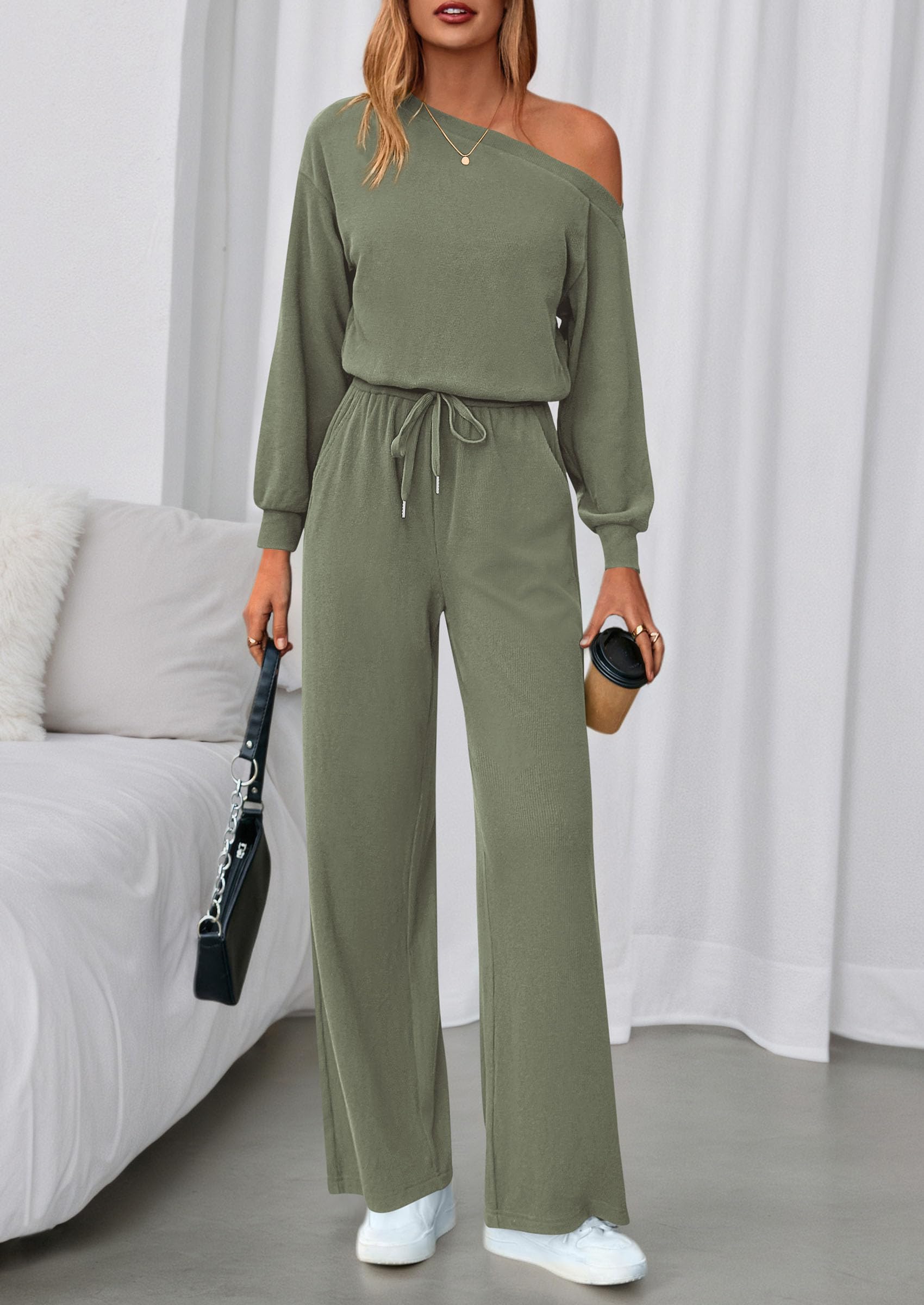 Womens Off Shoulder Long Sleeve Jumpsuit,Bean Green,S