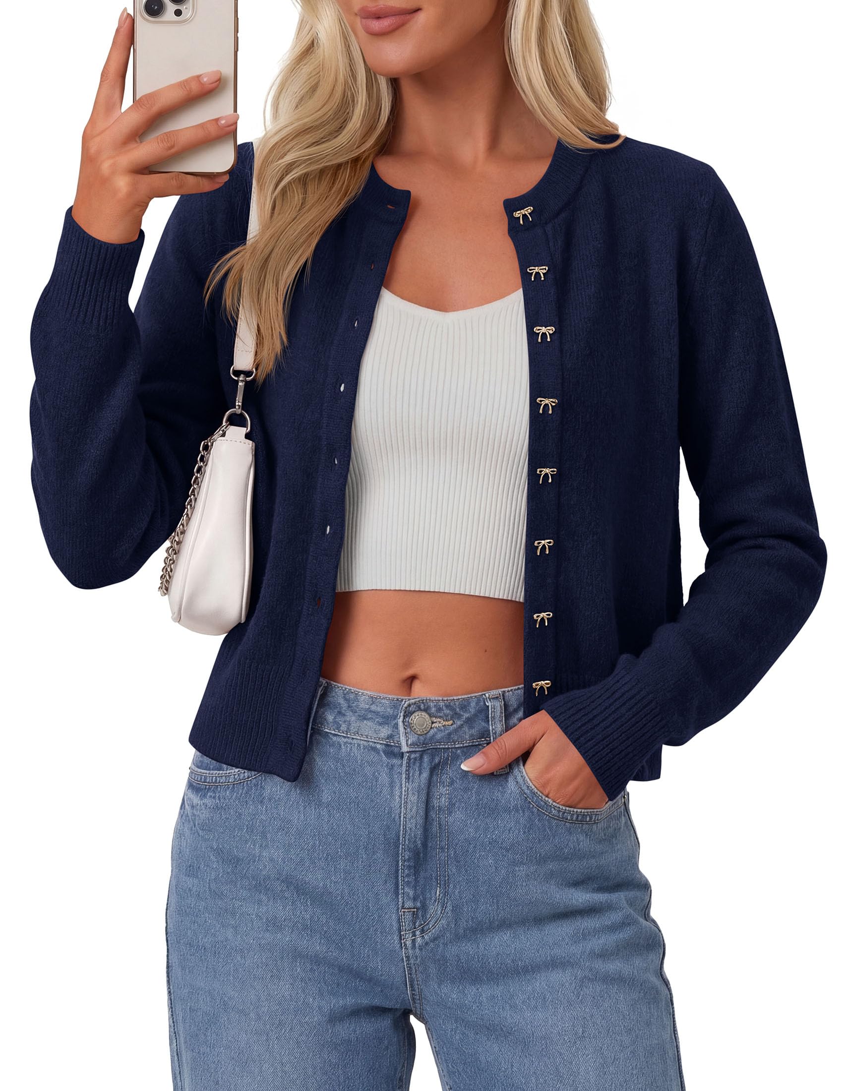 Cardigan Sweaters for Women Cropped Bow Button Up Cardigan