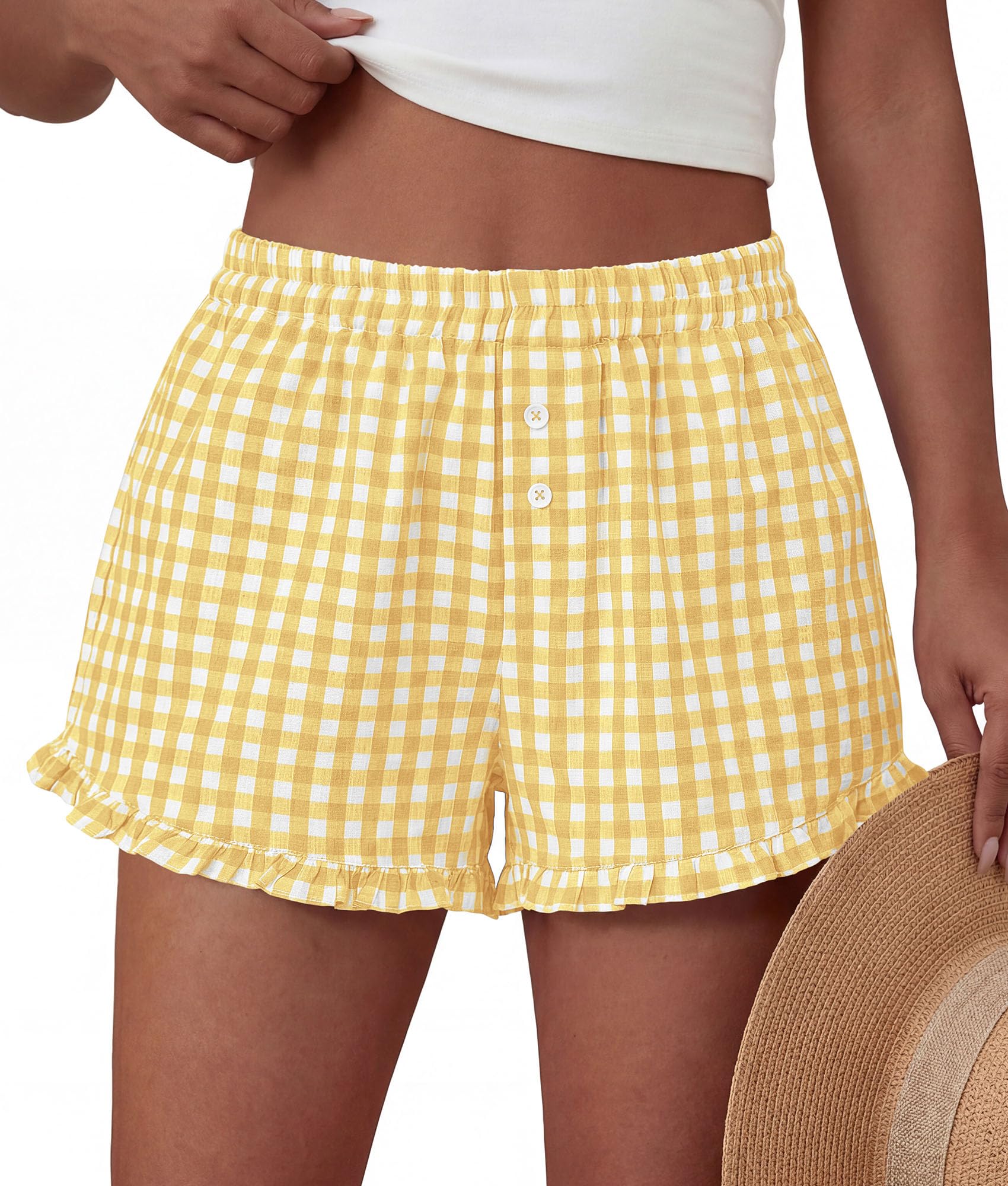 Womens Boxer Shorts Striped Gingham Ruffle Pajama Bottoms