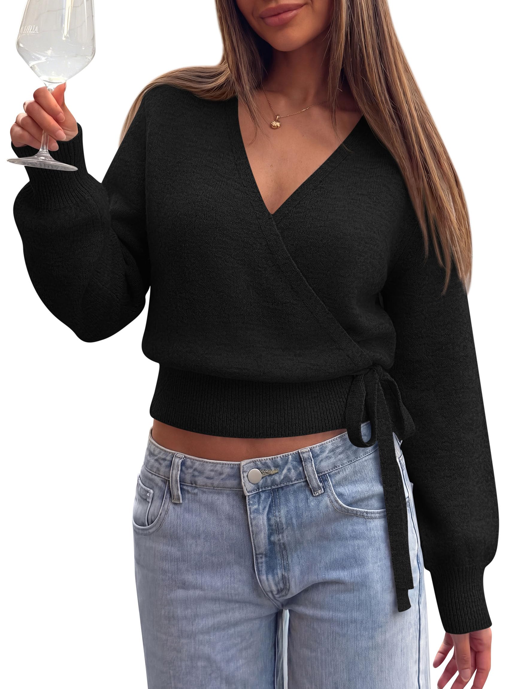 V Neck Wrap Sweaters for Women Fall Outifts Pullover Black,S