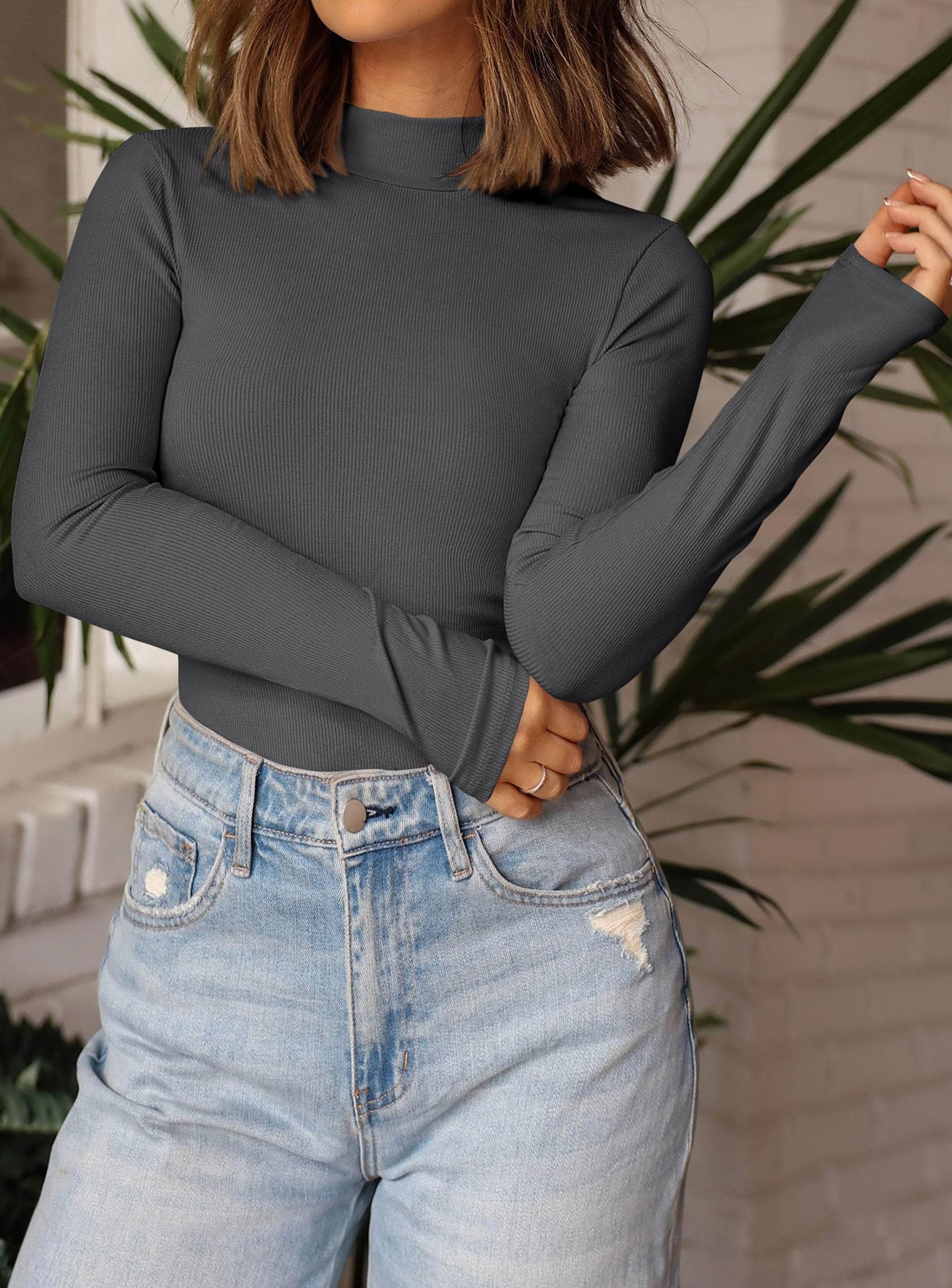 Womens Mock Turtleneck Fall Long Sleeve Shirts,Dark Grey,XS