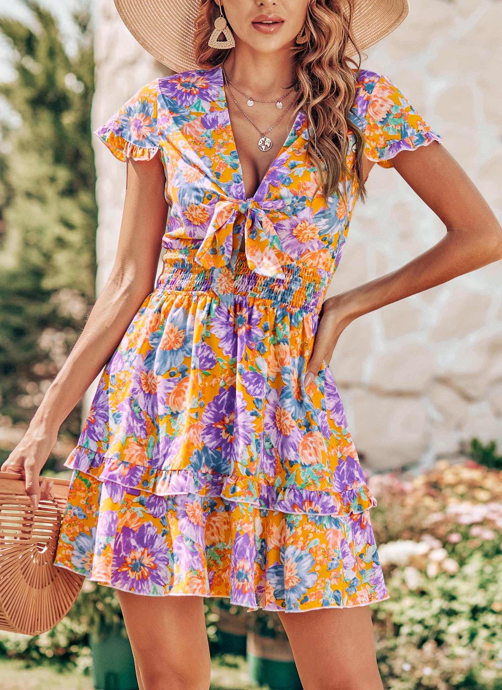 Women's Boho Floral Mini Tiered Bow Dress, Floral Orange,M