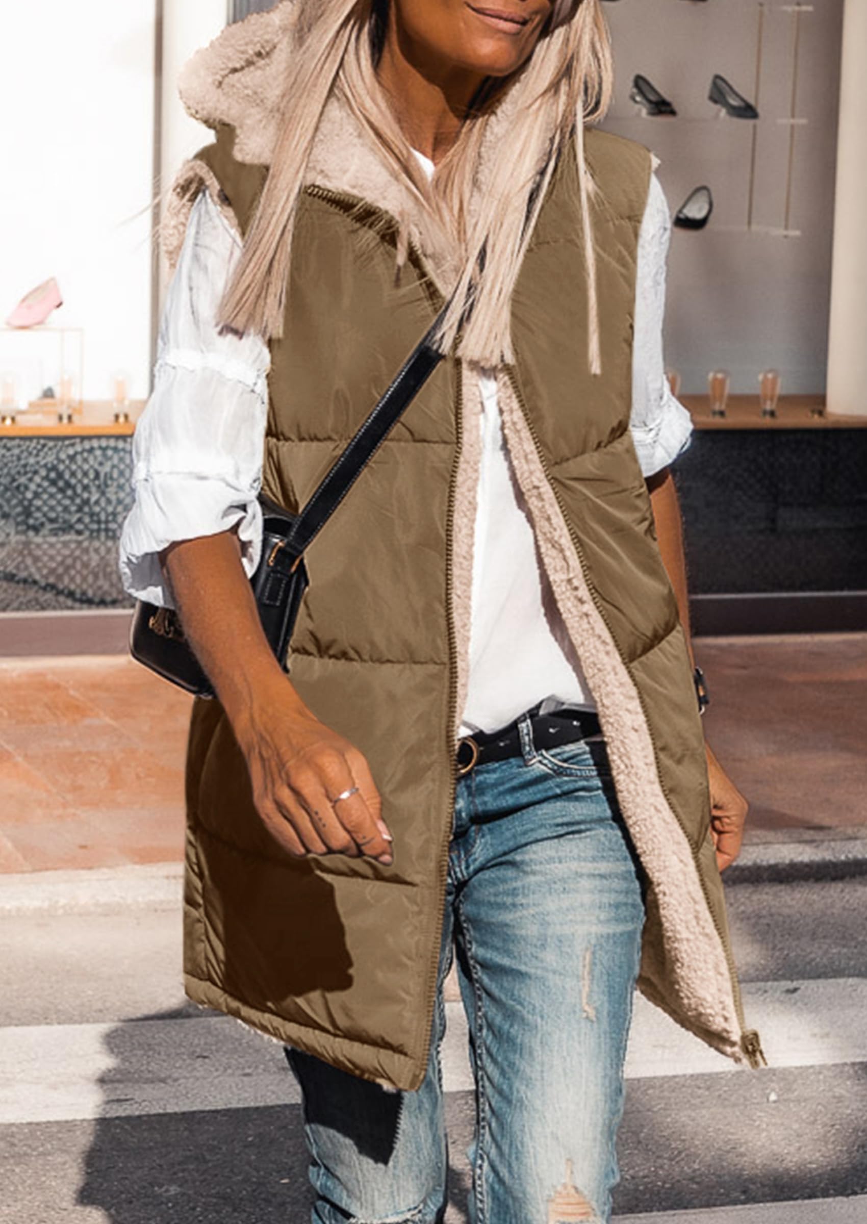 Women's Winter Reversible Fleece Long Vests Light Army Green,S
