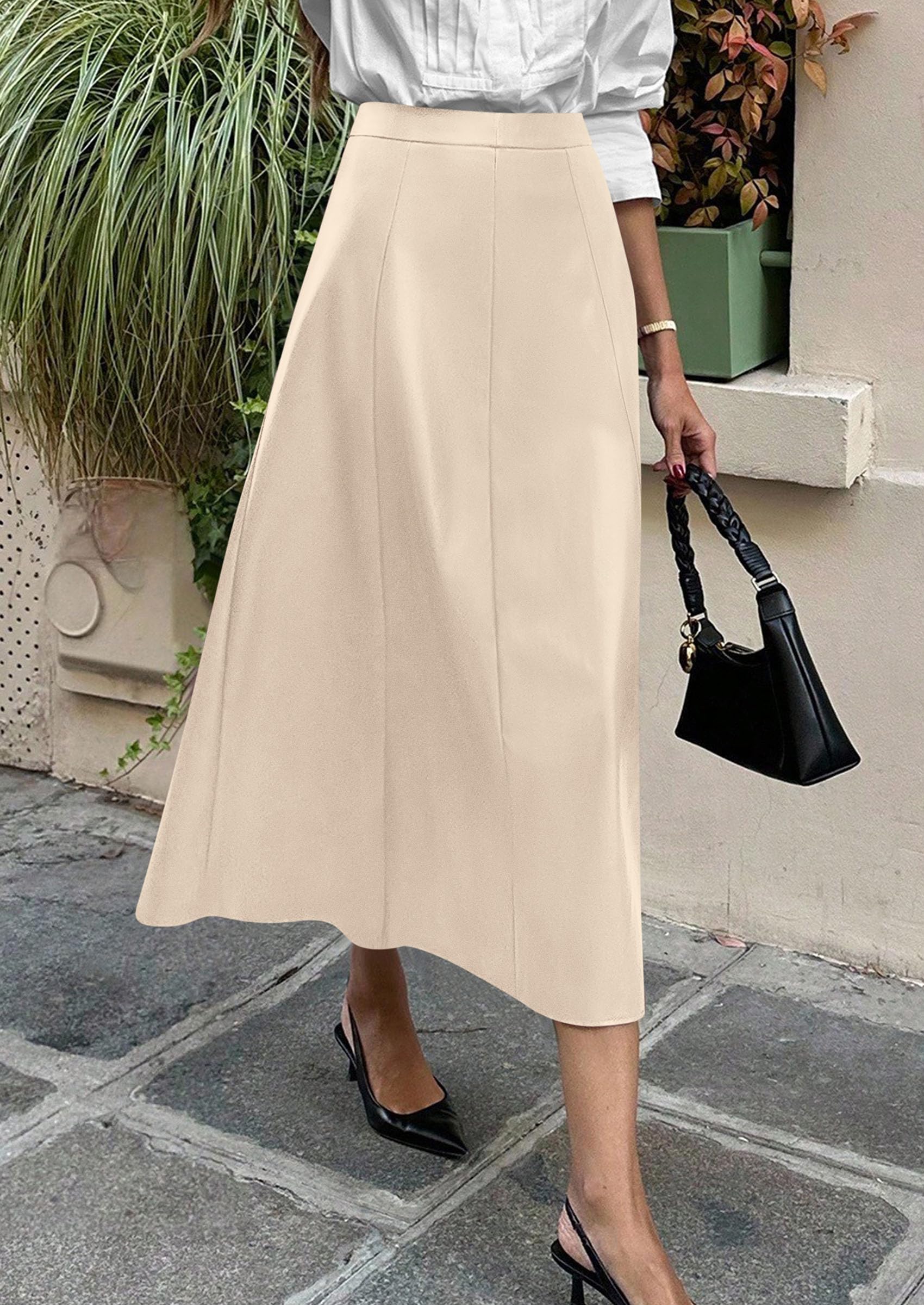 Womens Faux Leather High Waisted Midi Skirt,Beige,S