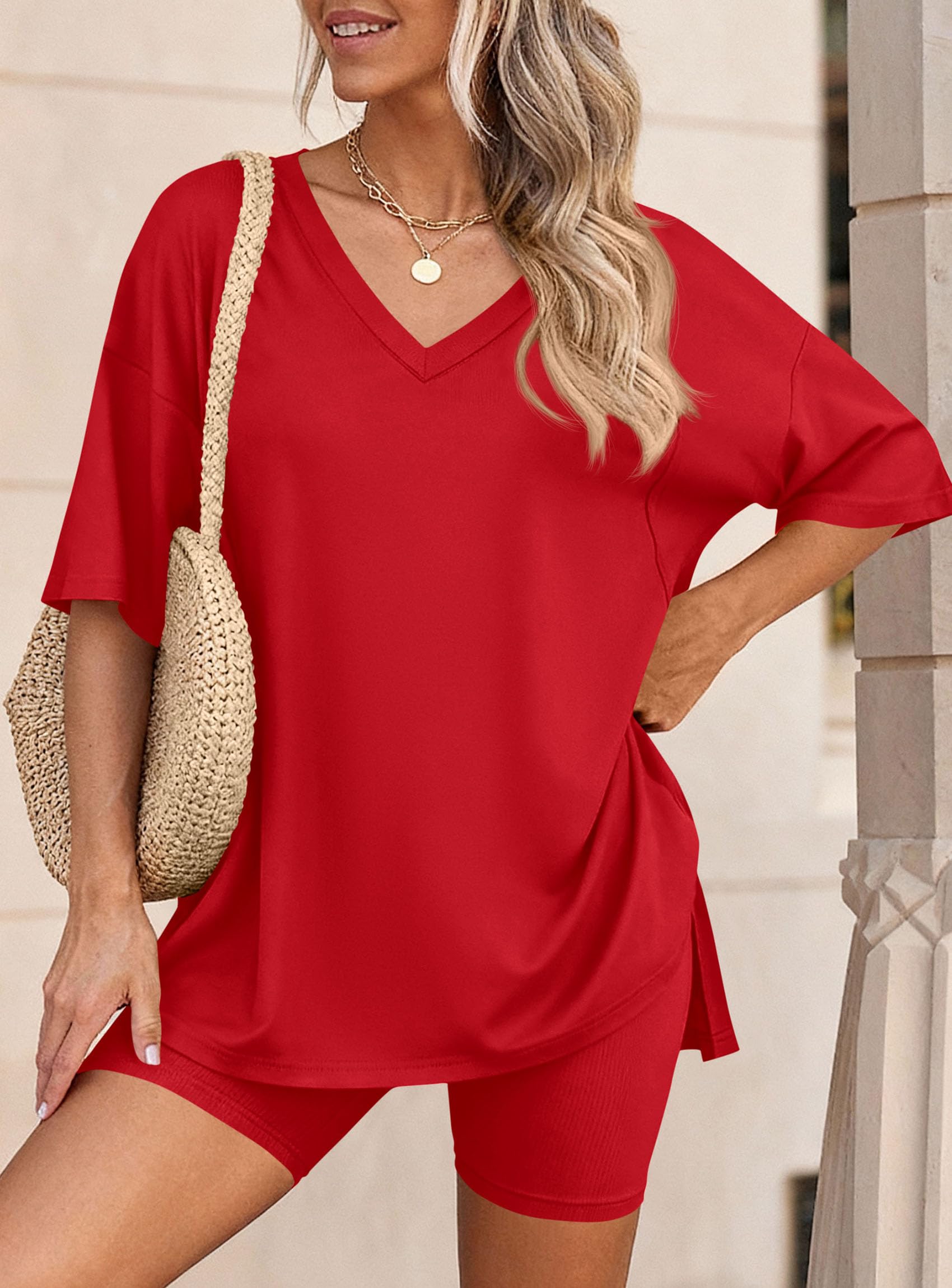Womens 2 Piece Outfit Lounge Short Sets,Red,S