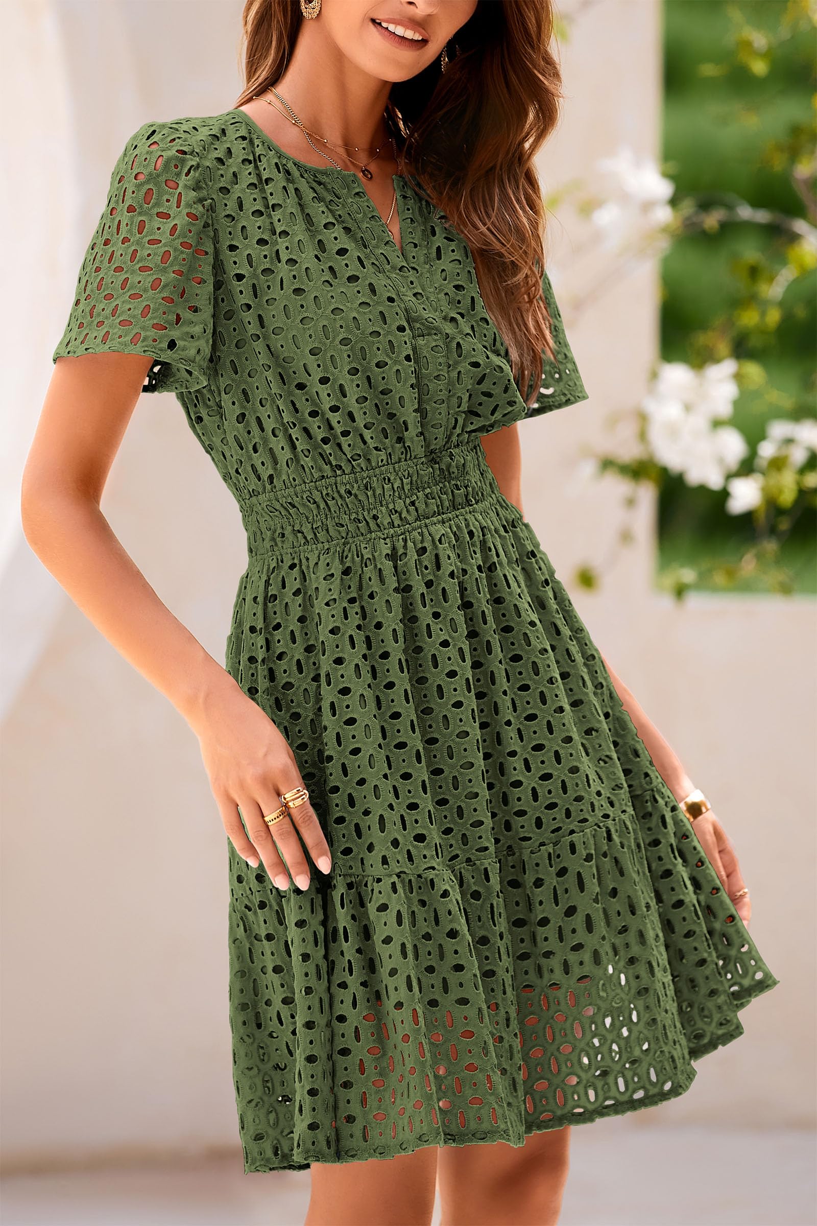 Women's Summer Eyelet Lace Short Dresses (Army Green,S)