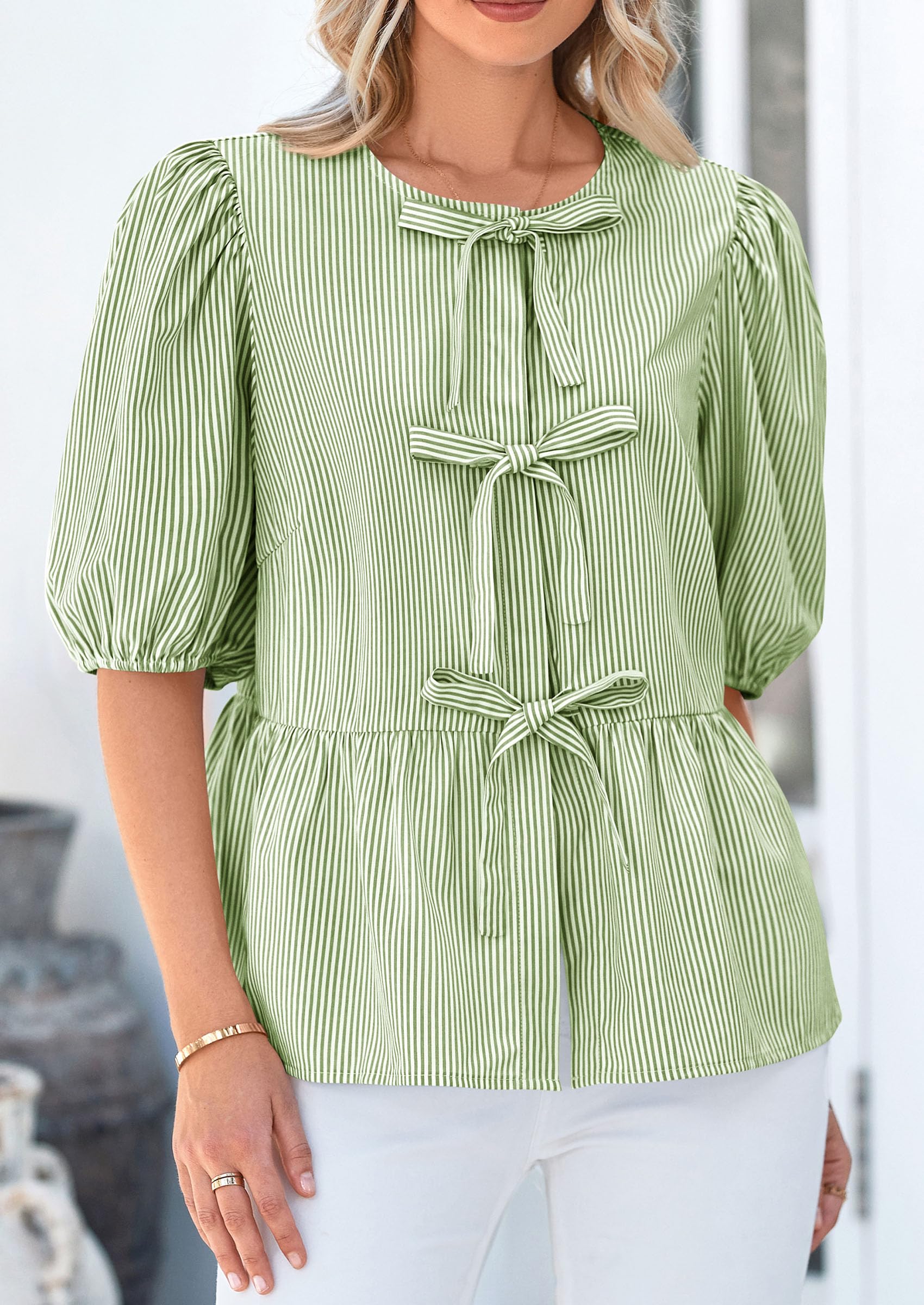 Women Striped Tie Front Babydoll Peplum Tops, Army Green,S