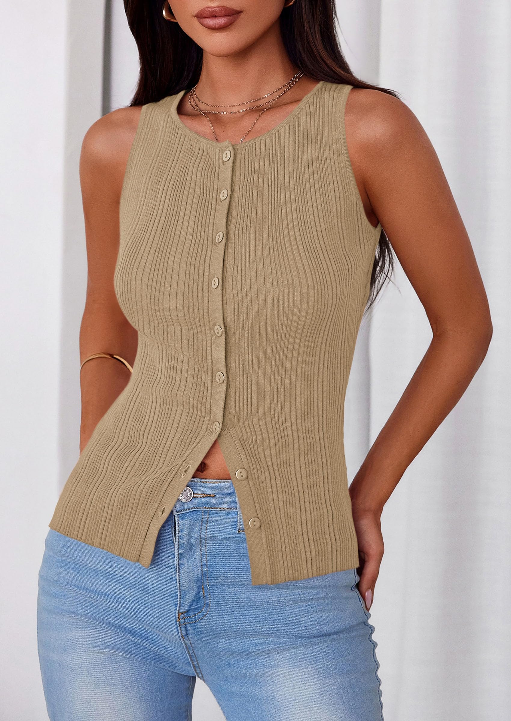 Sleeveless Button Down Shirts for Women Summer 2026 Going Out Ribbed Knit Tank Tops Y2K Clothes Trendy Vest Tops Camel