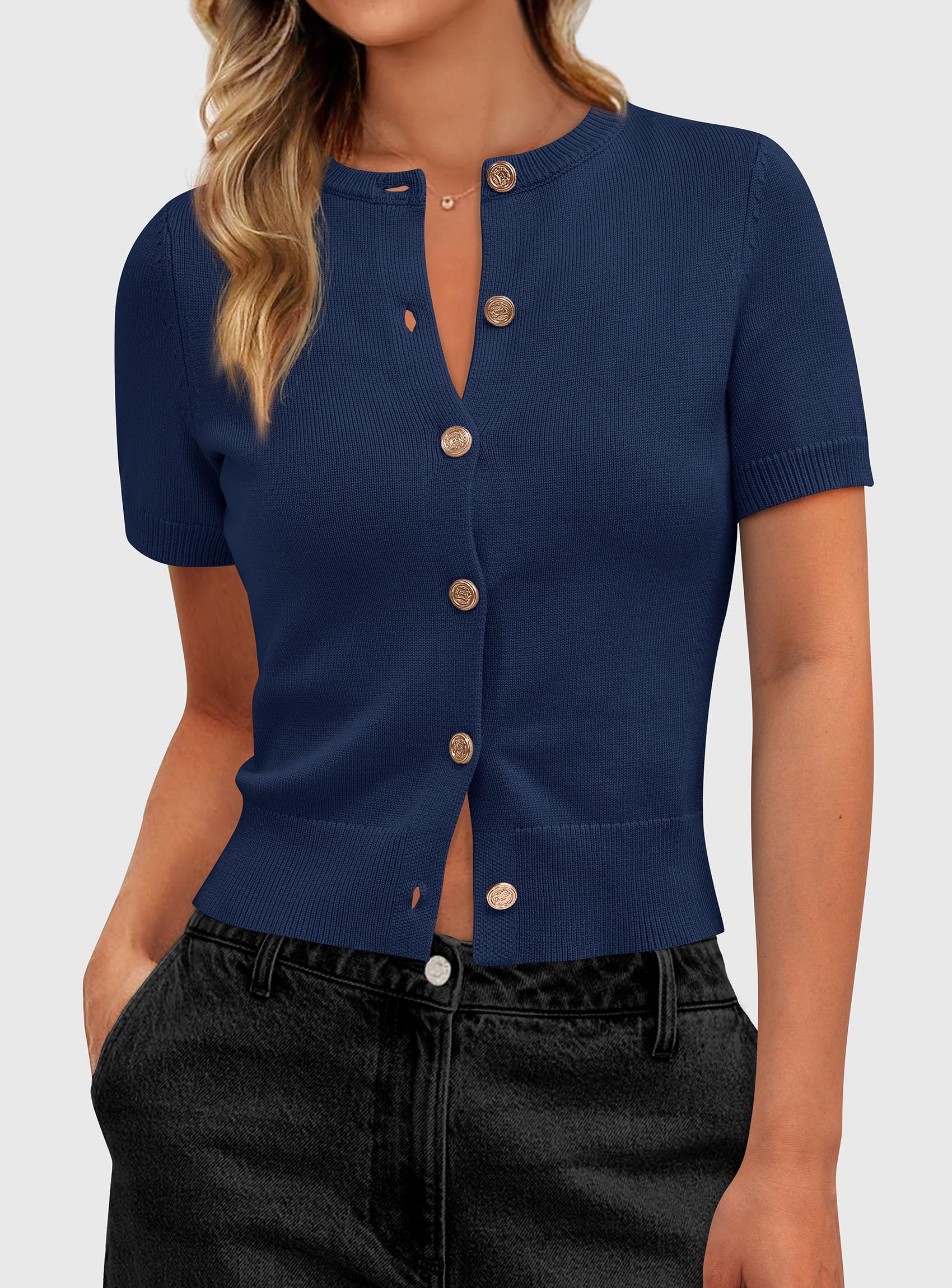 Womens Summer Cardigan Short Sleeve Sweater,Navy Blue,S