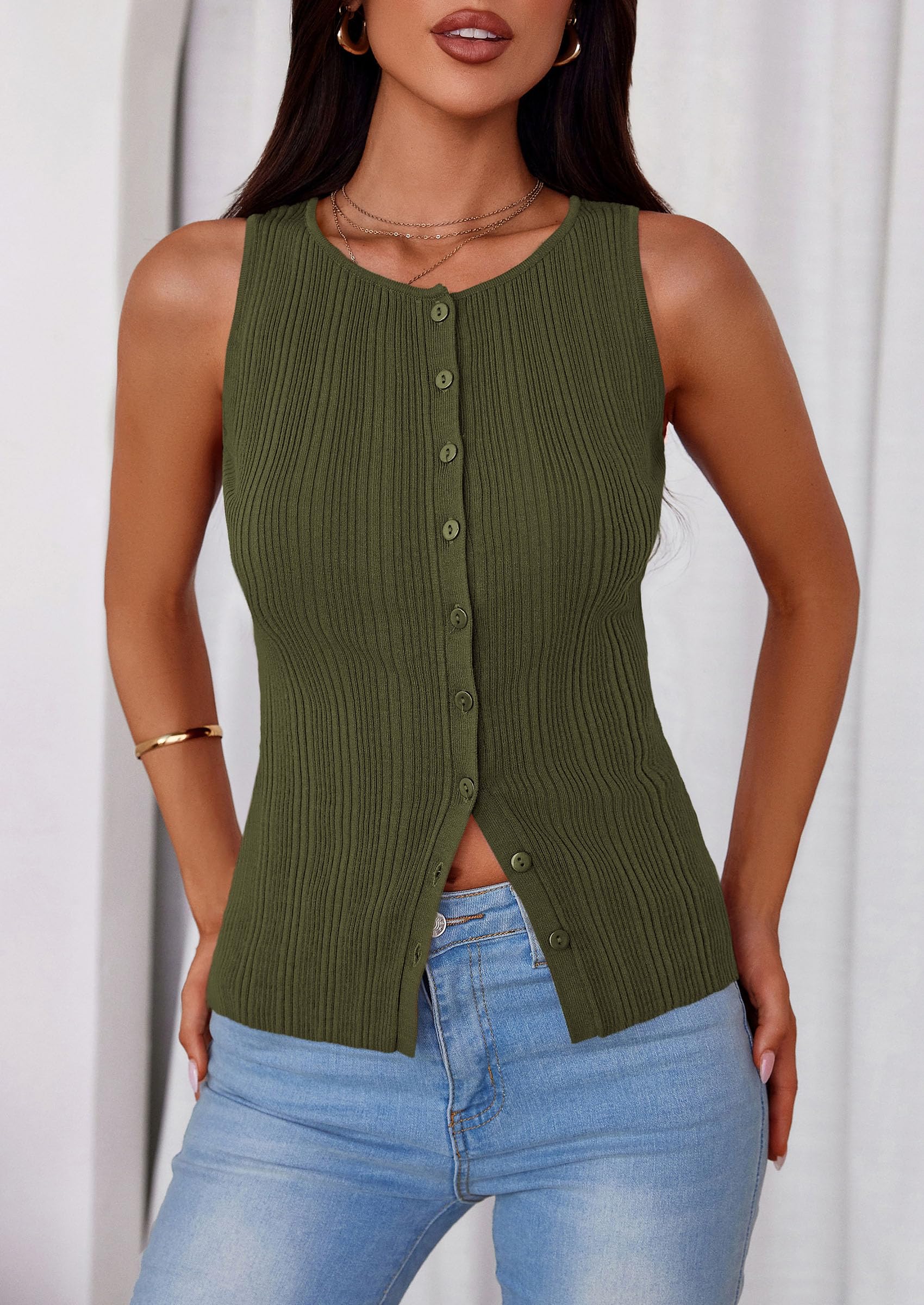 Sleeveless Button Down Shirts for Women Summer 2026 Going Out Ribbed Knit Tank Tops Y2K Clothes Trendy Vest Tops Army Green