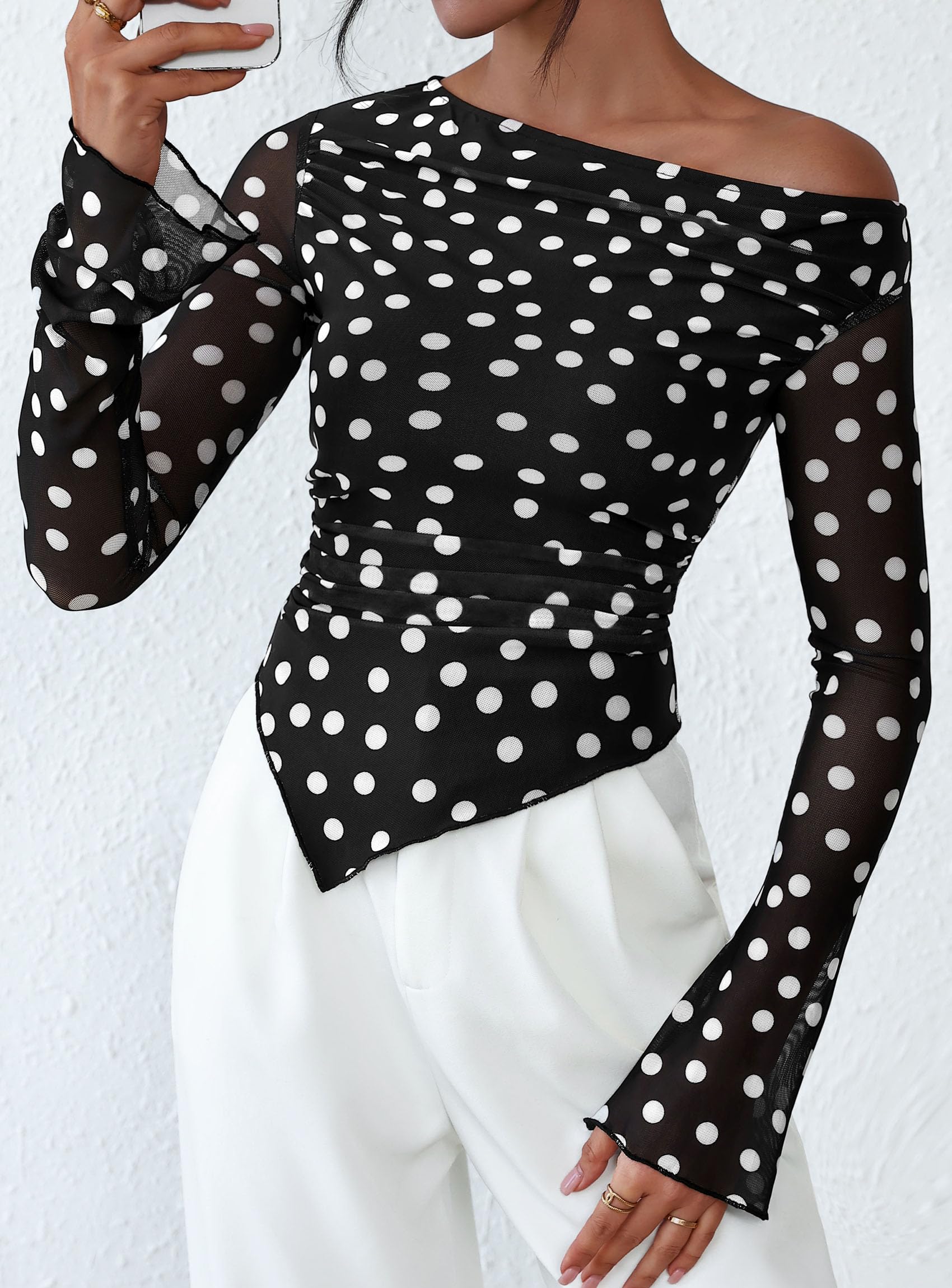 Womens Off Shoulder Mesh Y2k Tops,Small Dot Black,XS