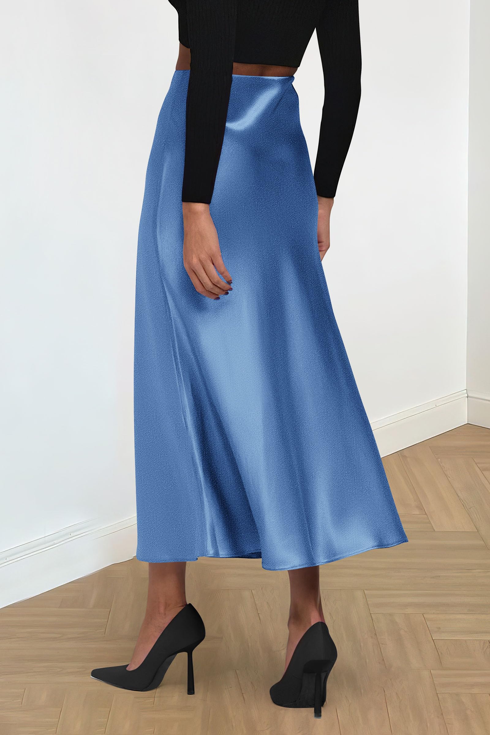Women's Satin Midi Skirts Dressy Casual,Blue,S