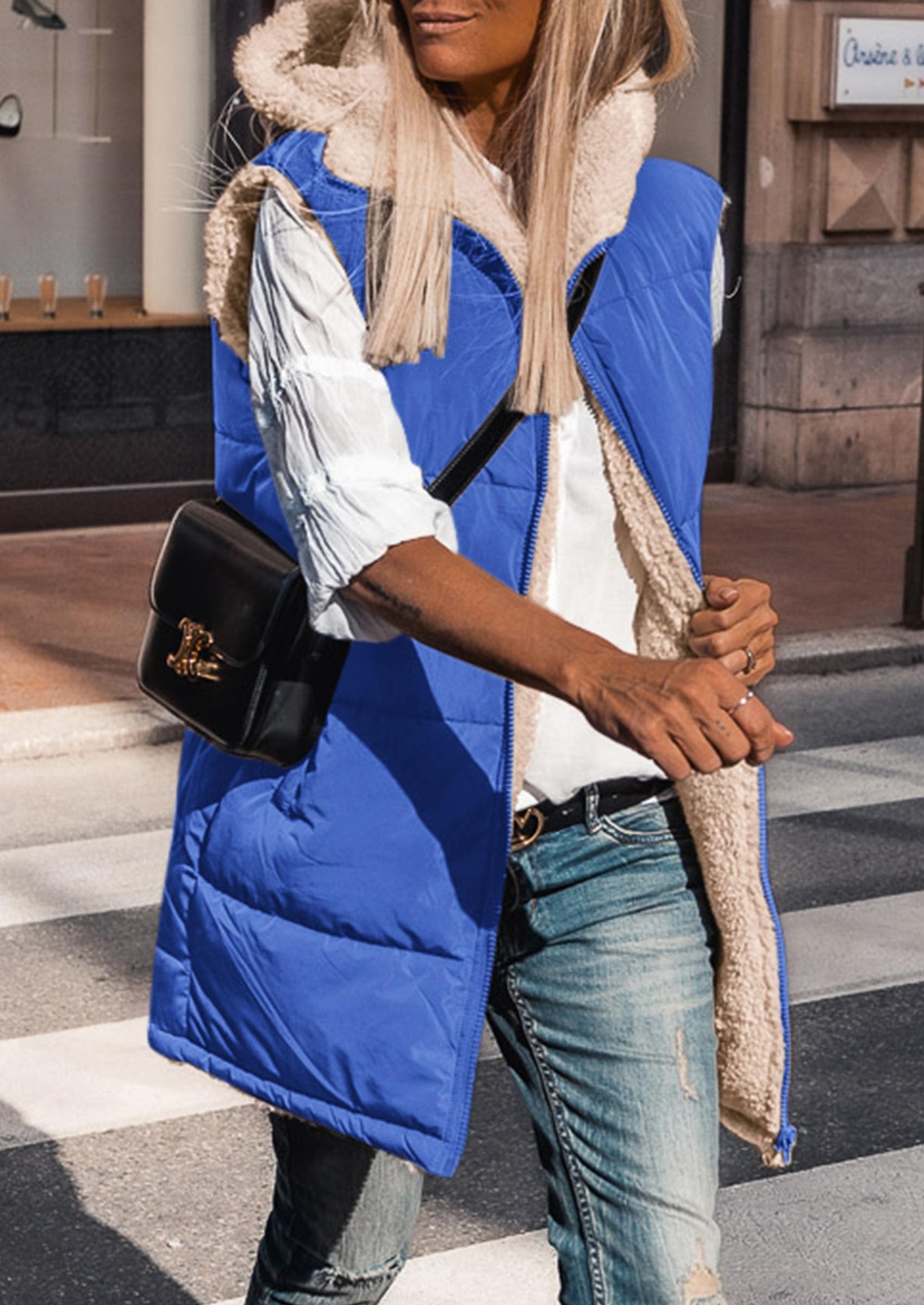 Women's Winter Reversible Fleece Long Vests(Royal Blue,S)