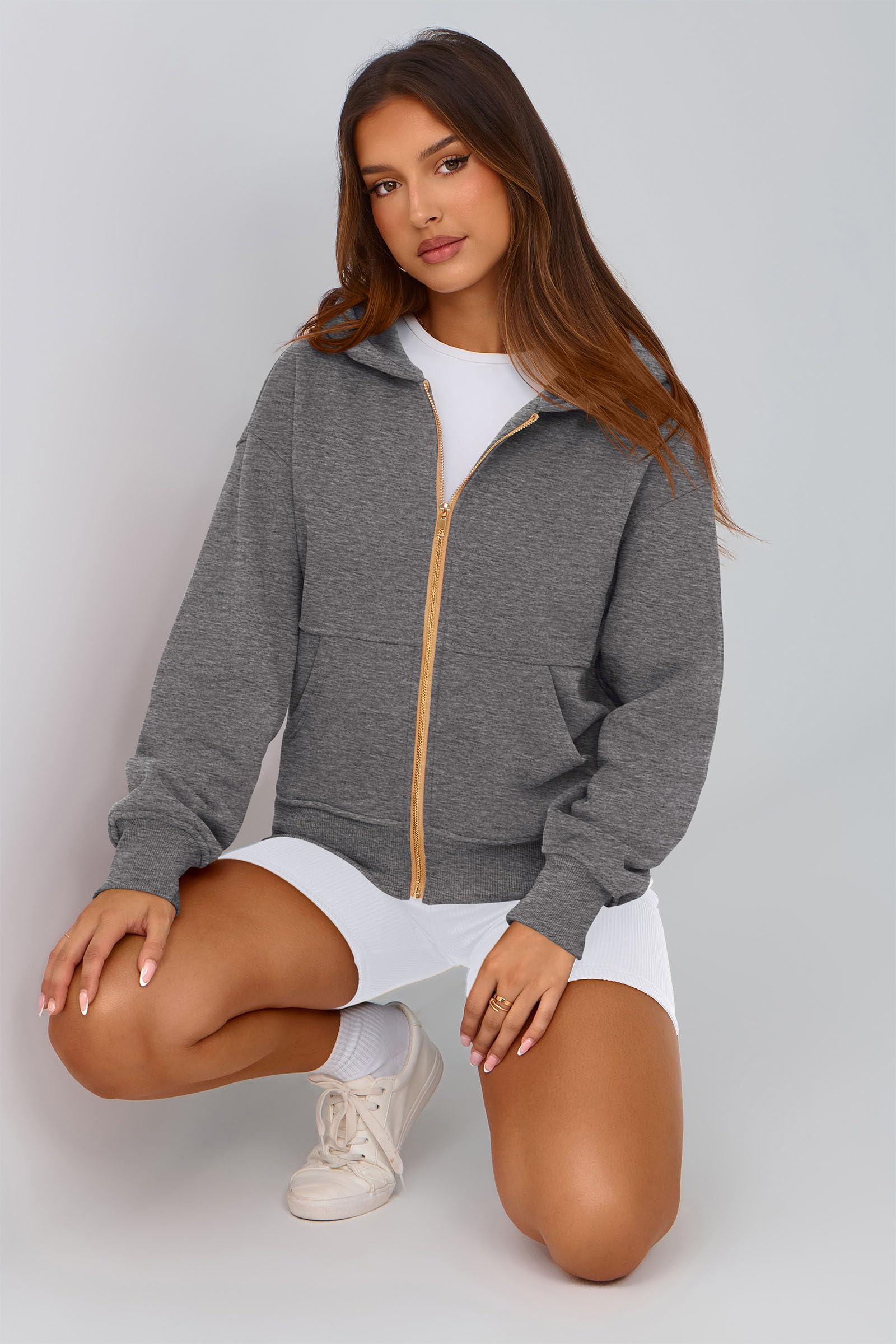 Hoodies for Women Fall Fashion Zip Up Fleece Plain Sweatshirt
