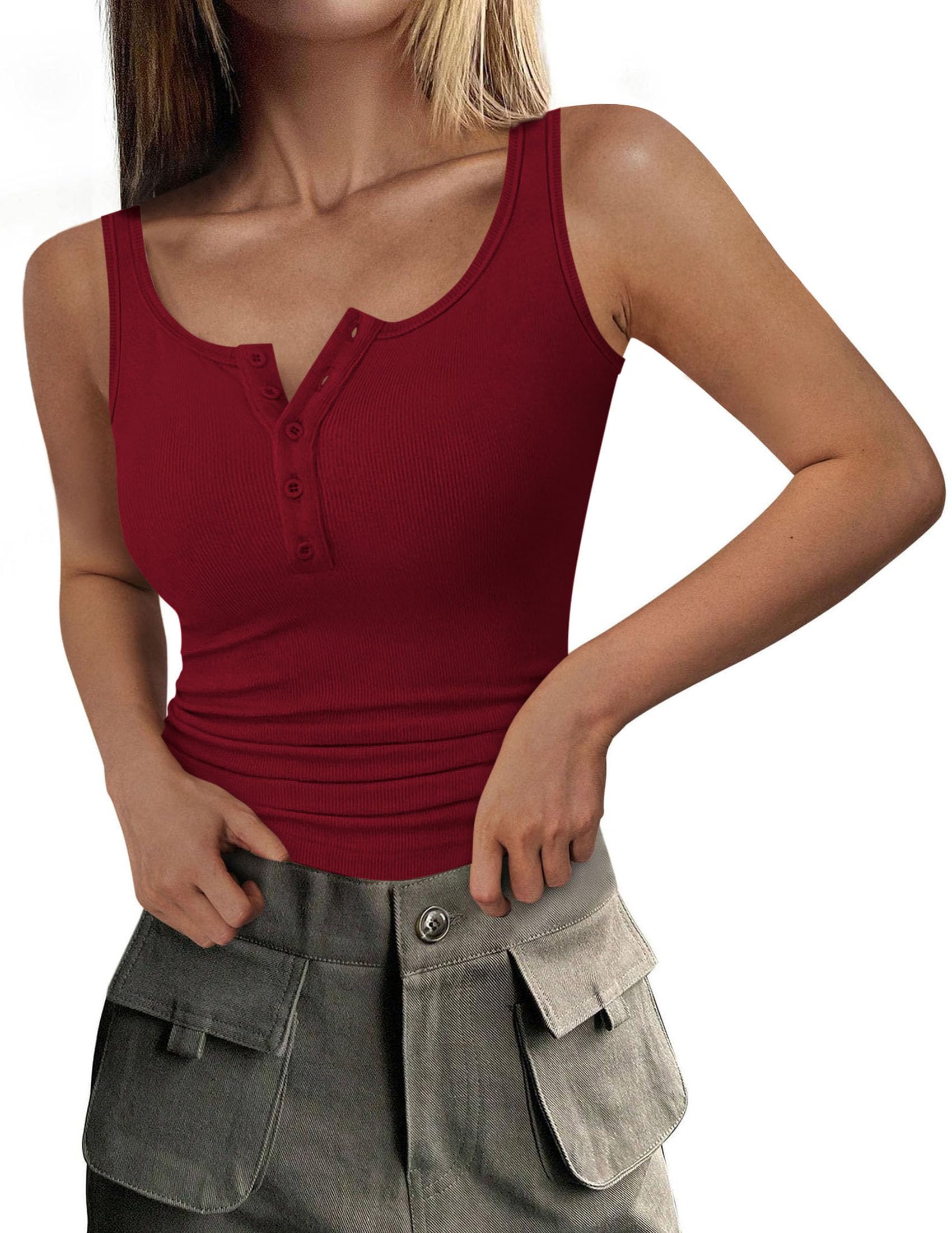 Womens Button Up Sleeveless Henley Tank Tops,Wine Red,S