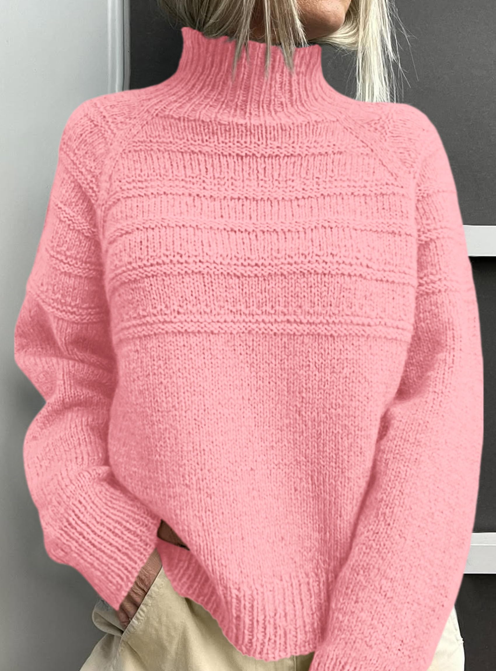 Women's Chunky Knit Mock Neck Pullover Sweaters,Pink,S