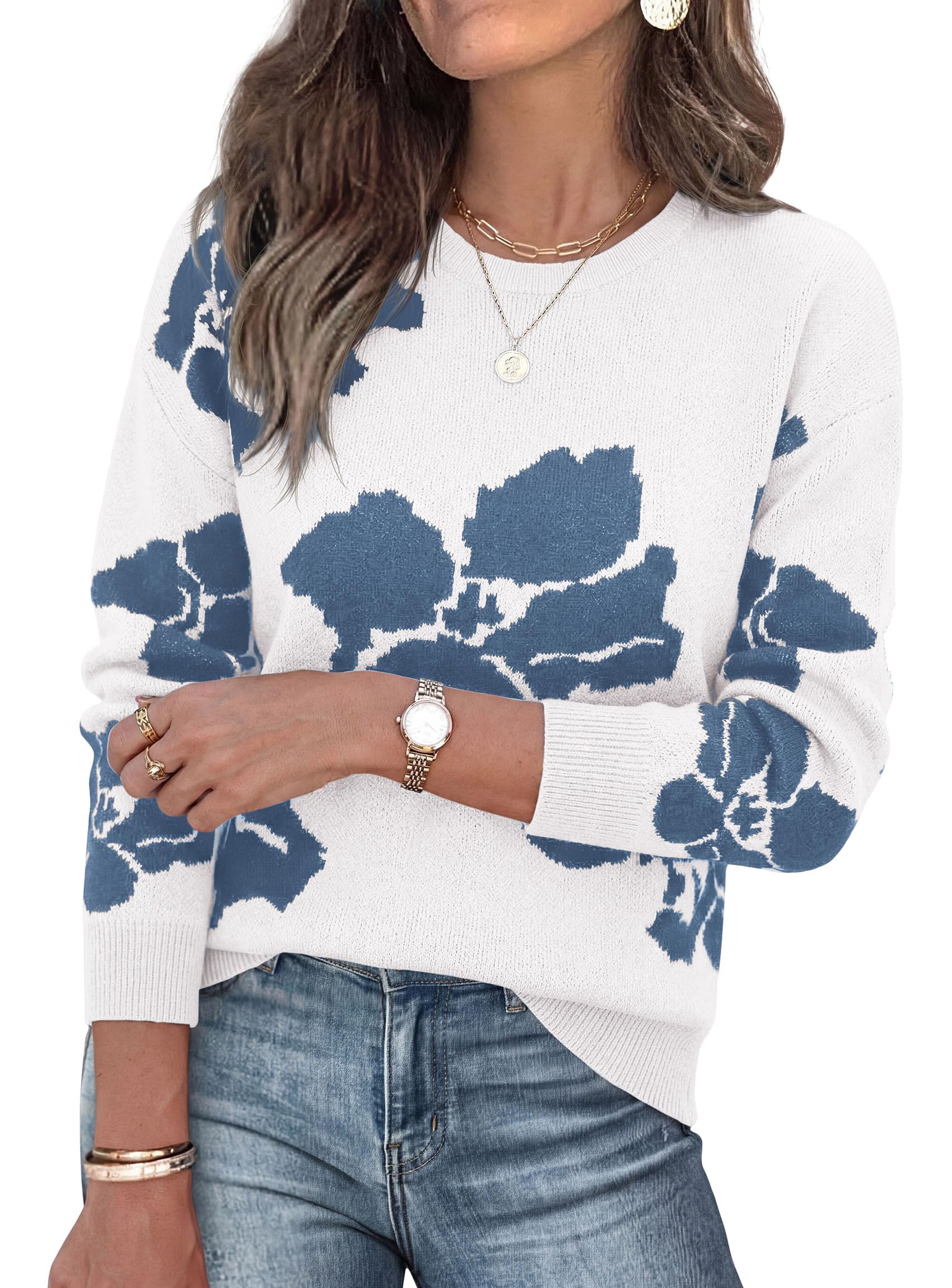 Womens Floral Sweater Crewneck Printed Pullover Tops