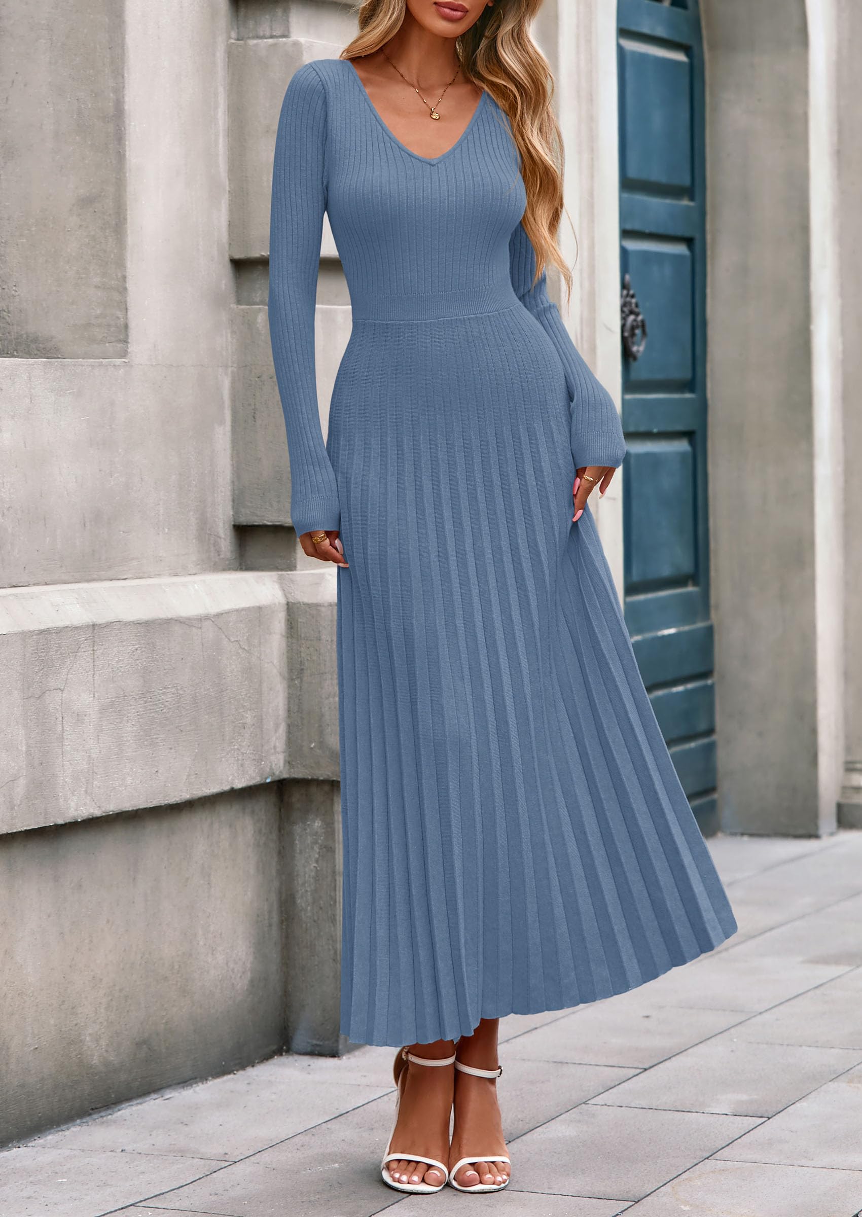 Sweater Dress Women Long Sleeve Maxi Flowy Pleated Dresses