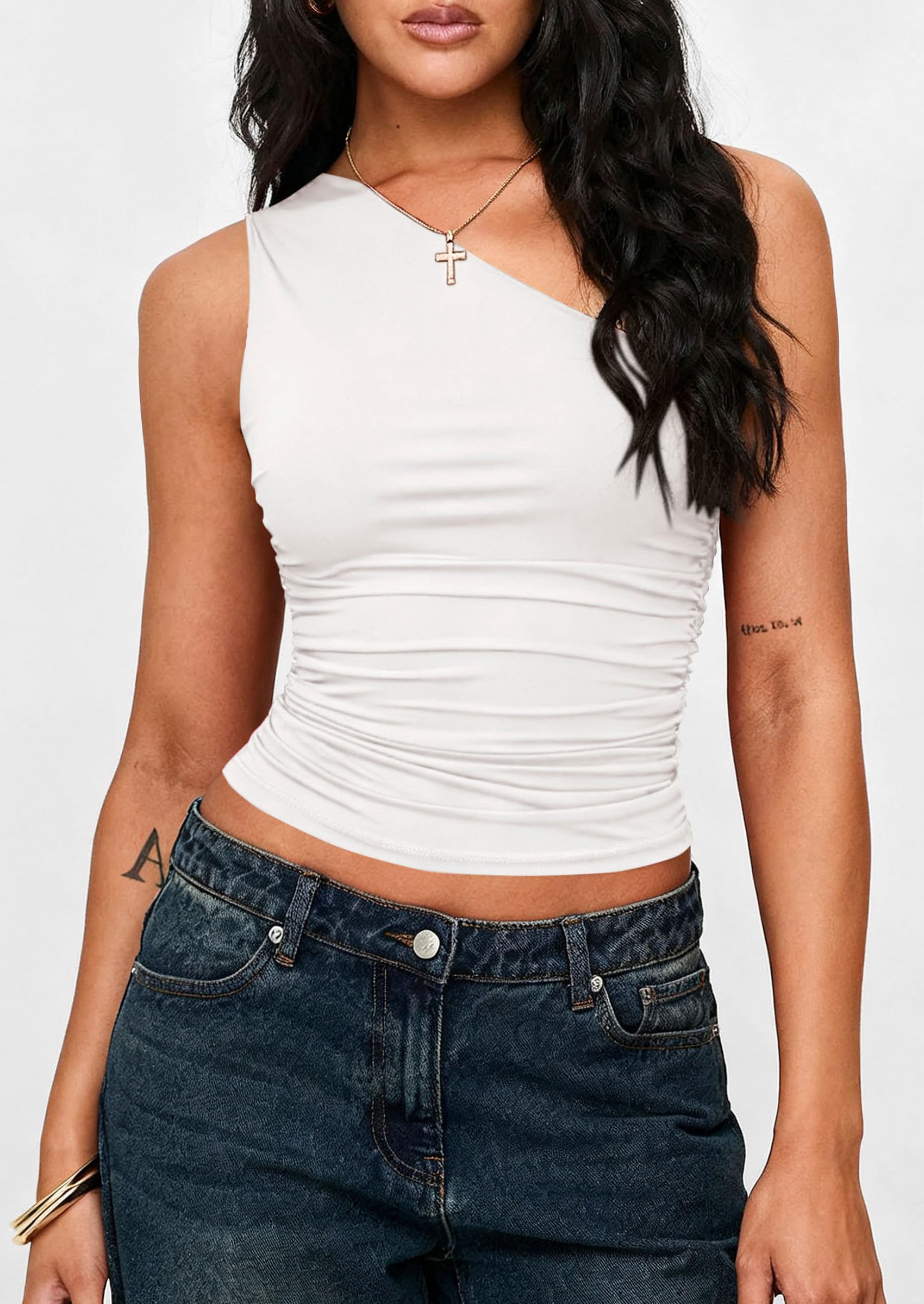 Womens Sleeveless One Shoulder Fitted Y2k Tops,White,XS