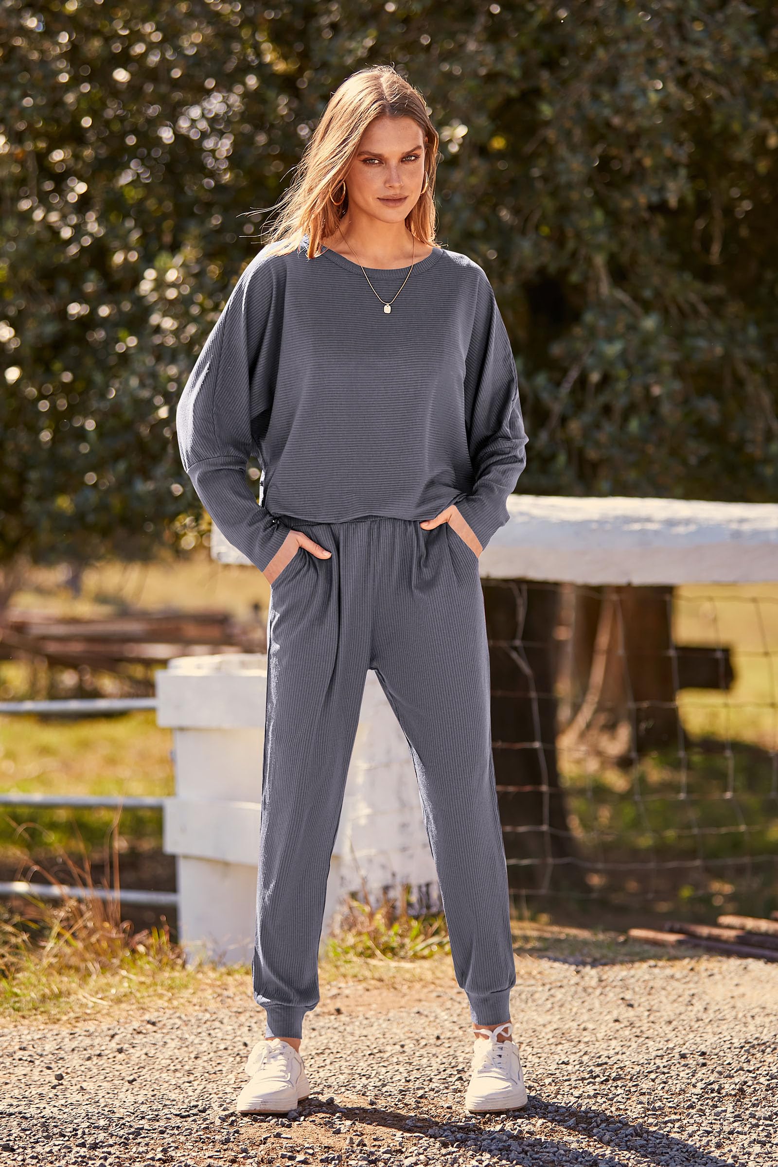 Women's 2 Piece Fall Outfits Matching Ribbed Knit Lounge Sets