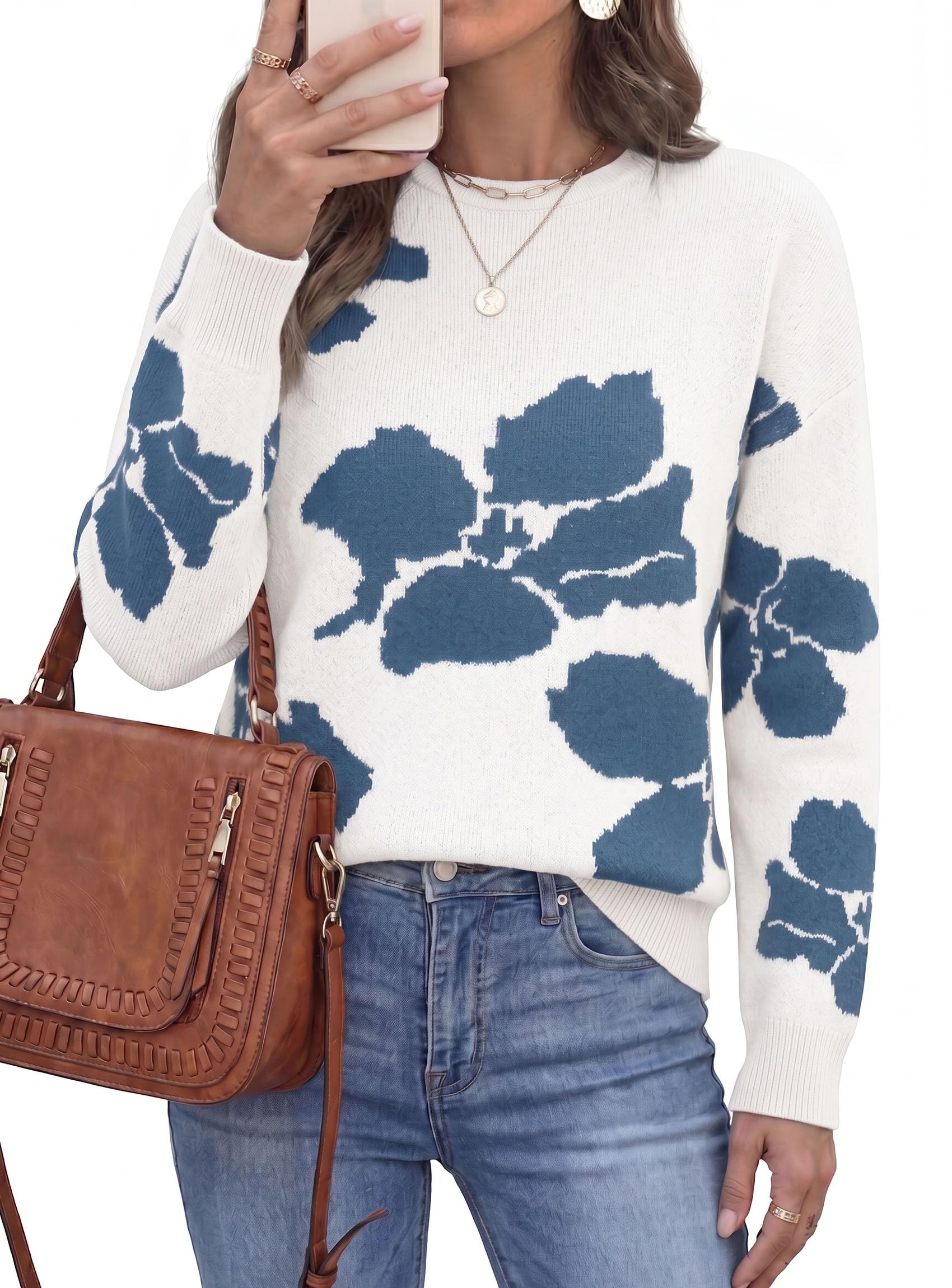 Womens Floral Sweater Crewneck Printed Pullover Tops