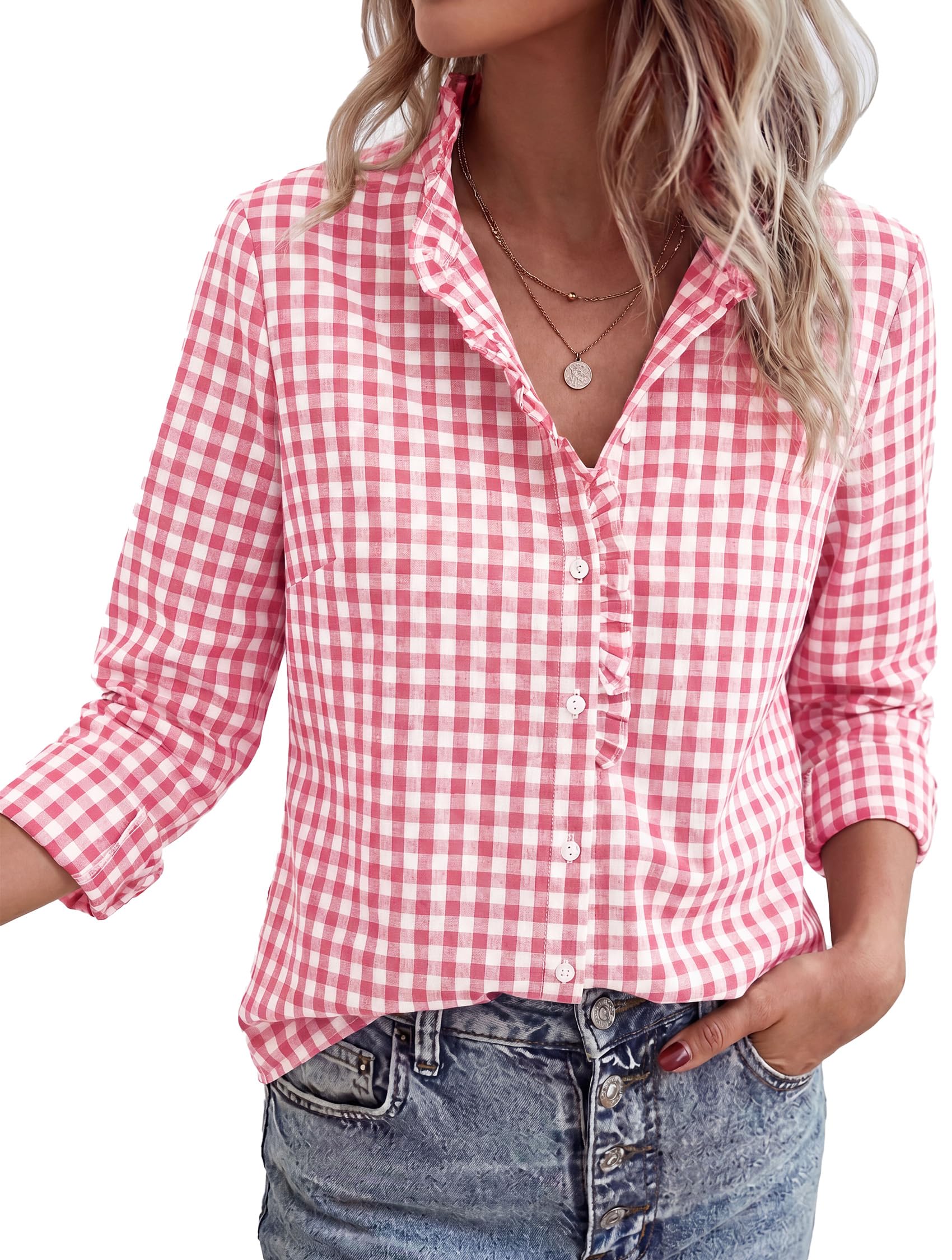 Womens Long Sleeve Button Down Shirts,Pink White,S