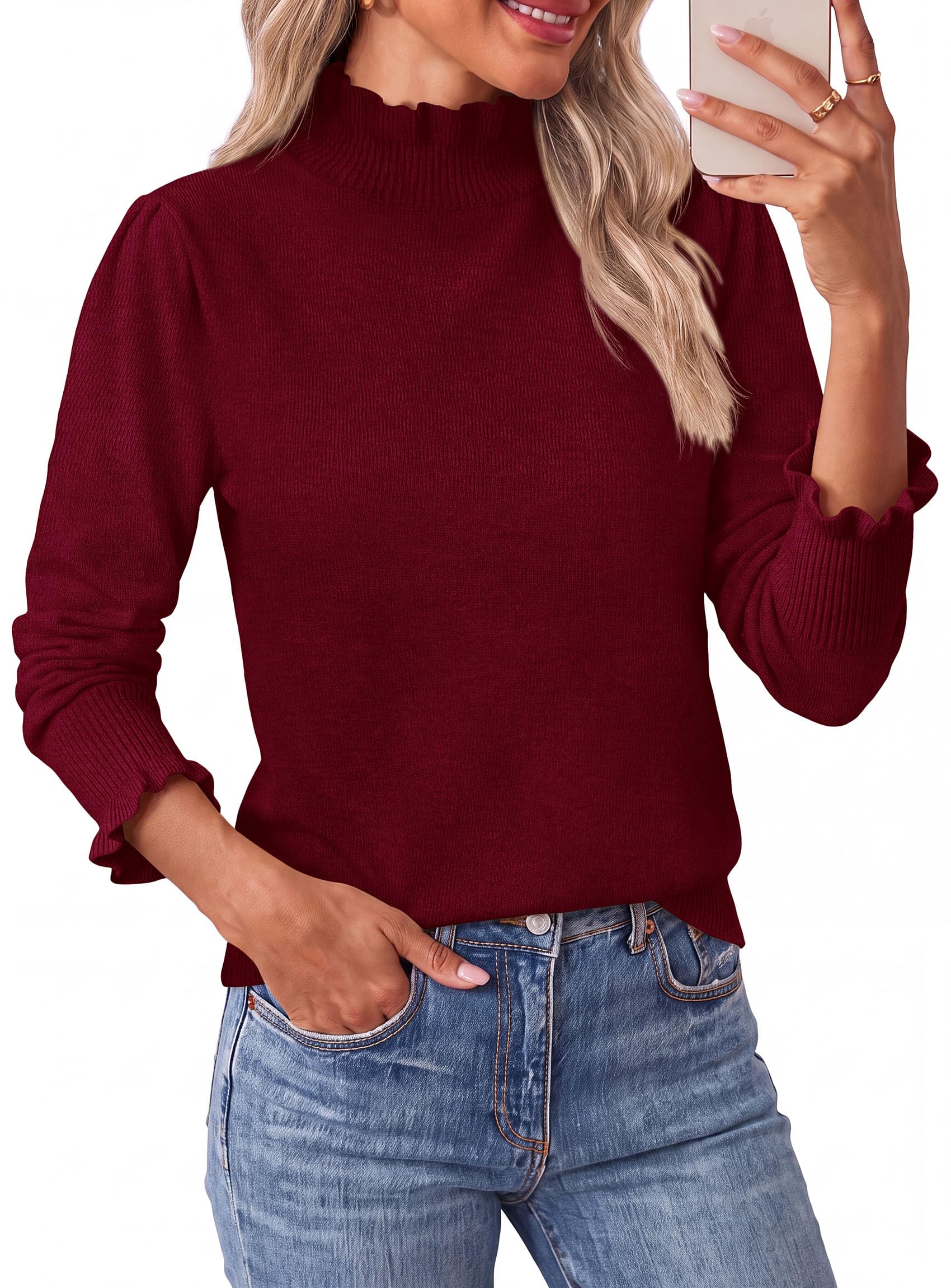 Women's Fall Cozy Sweaters Trendy Ruffle Mock Neck Pullover