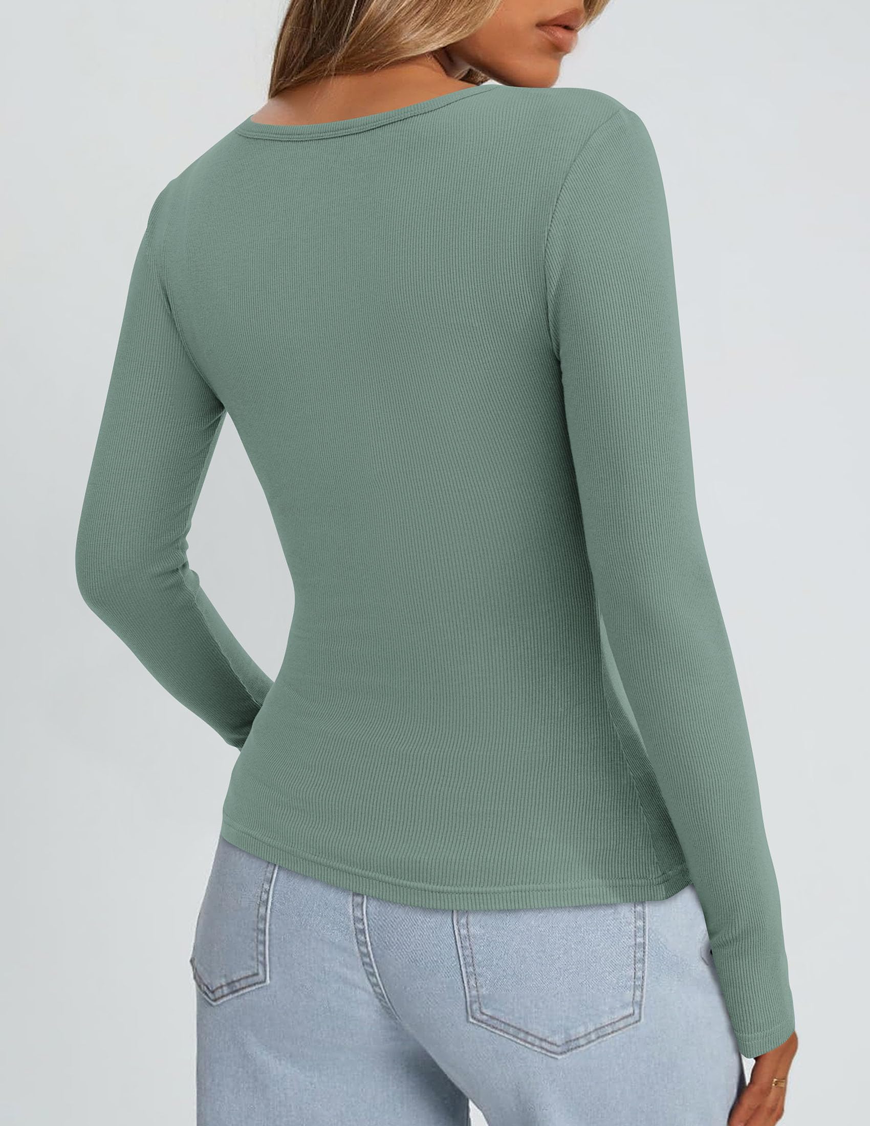 Square Neck Long Sleeve Shirts for Women Sage Green,XS