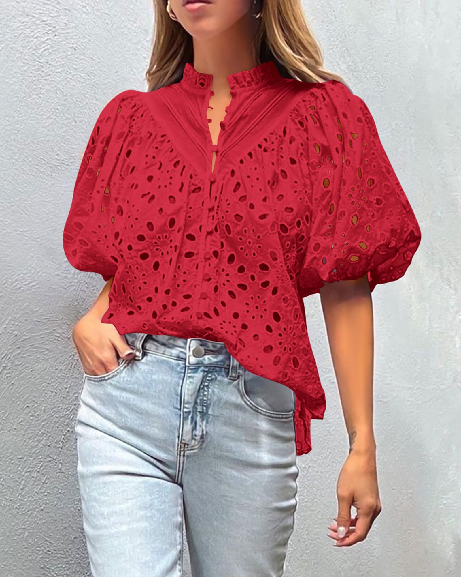 Womens Tops Boho Eyelet Puff Sleeve Blouse, Red,S