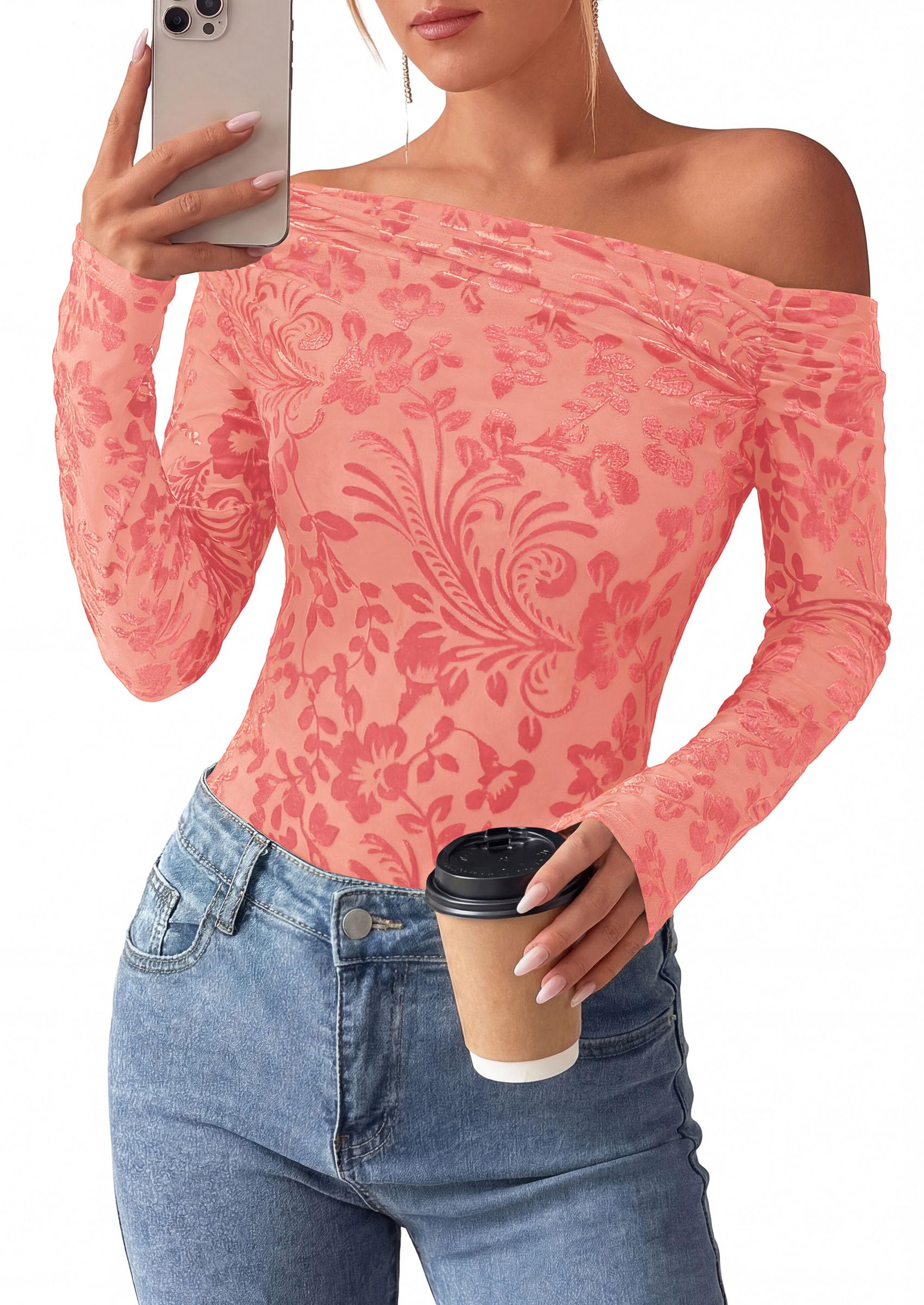 Off the Shoulder Tops for Women Fall Mesh Floral Blouses Pink