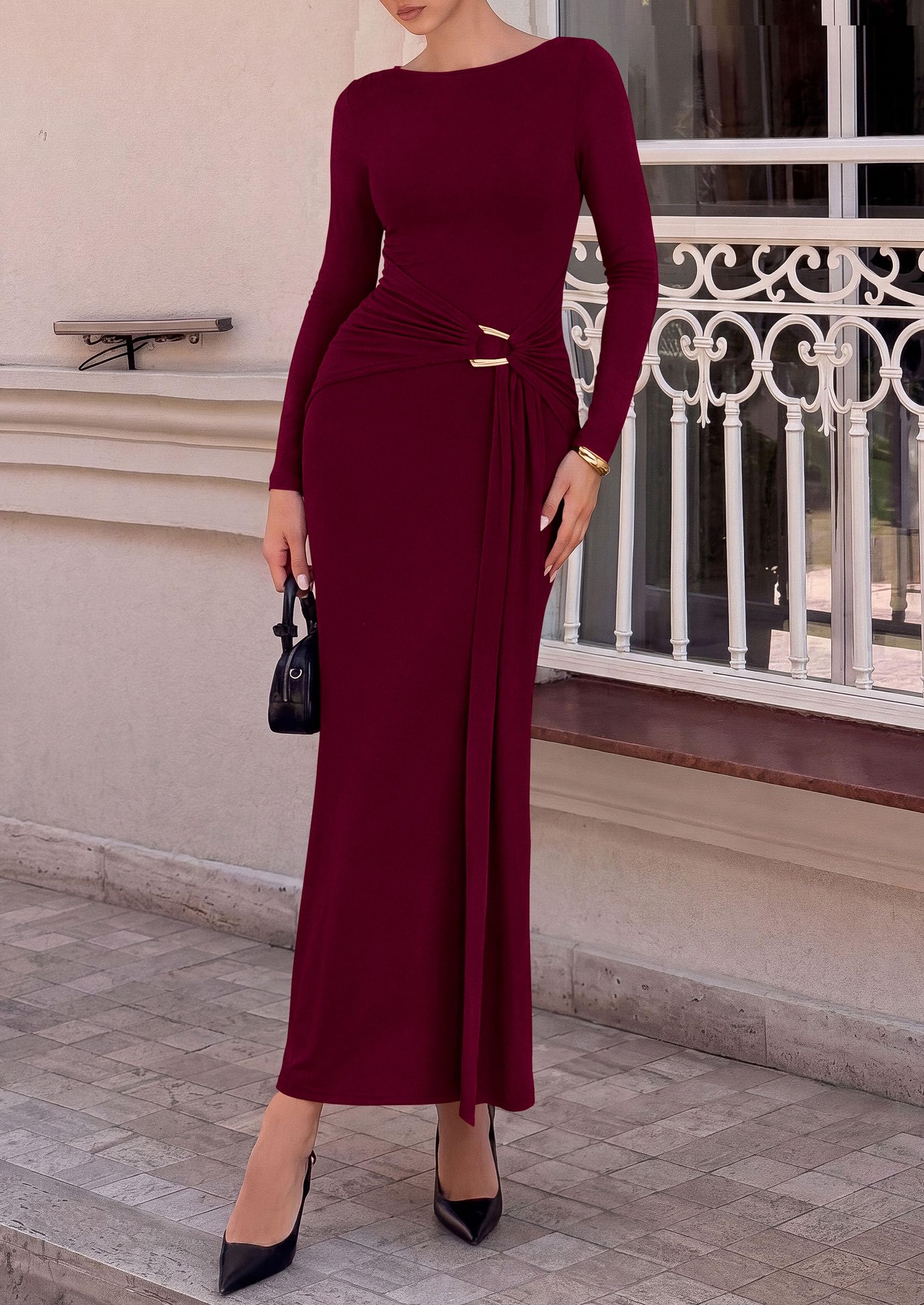 Women Fall Wedding Guest Dresses Formal Long Sleeve Maxi Dress