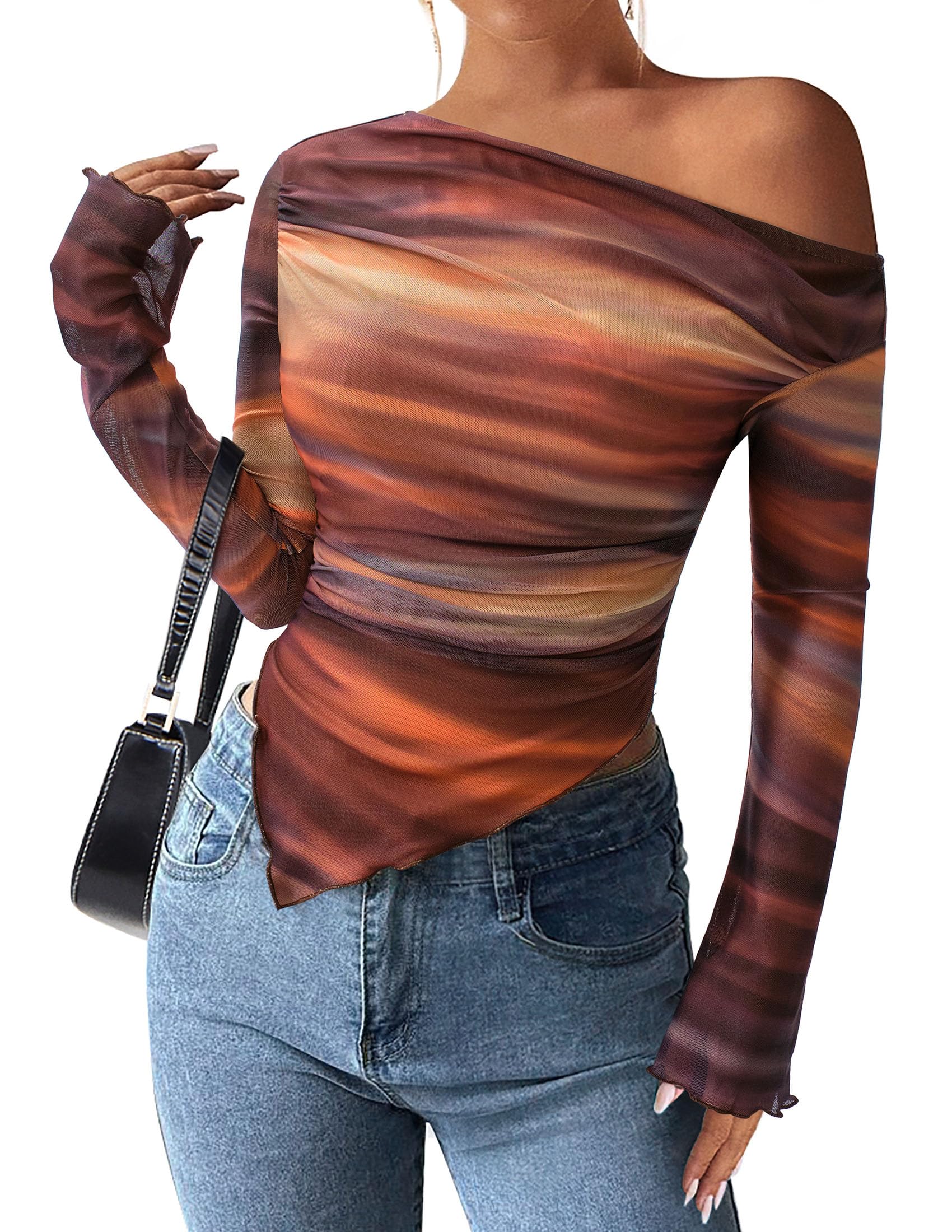 Womens Off Shoulder Mesh Y2k Tops,Floral Brown,M
