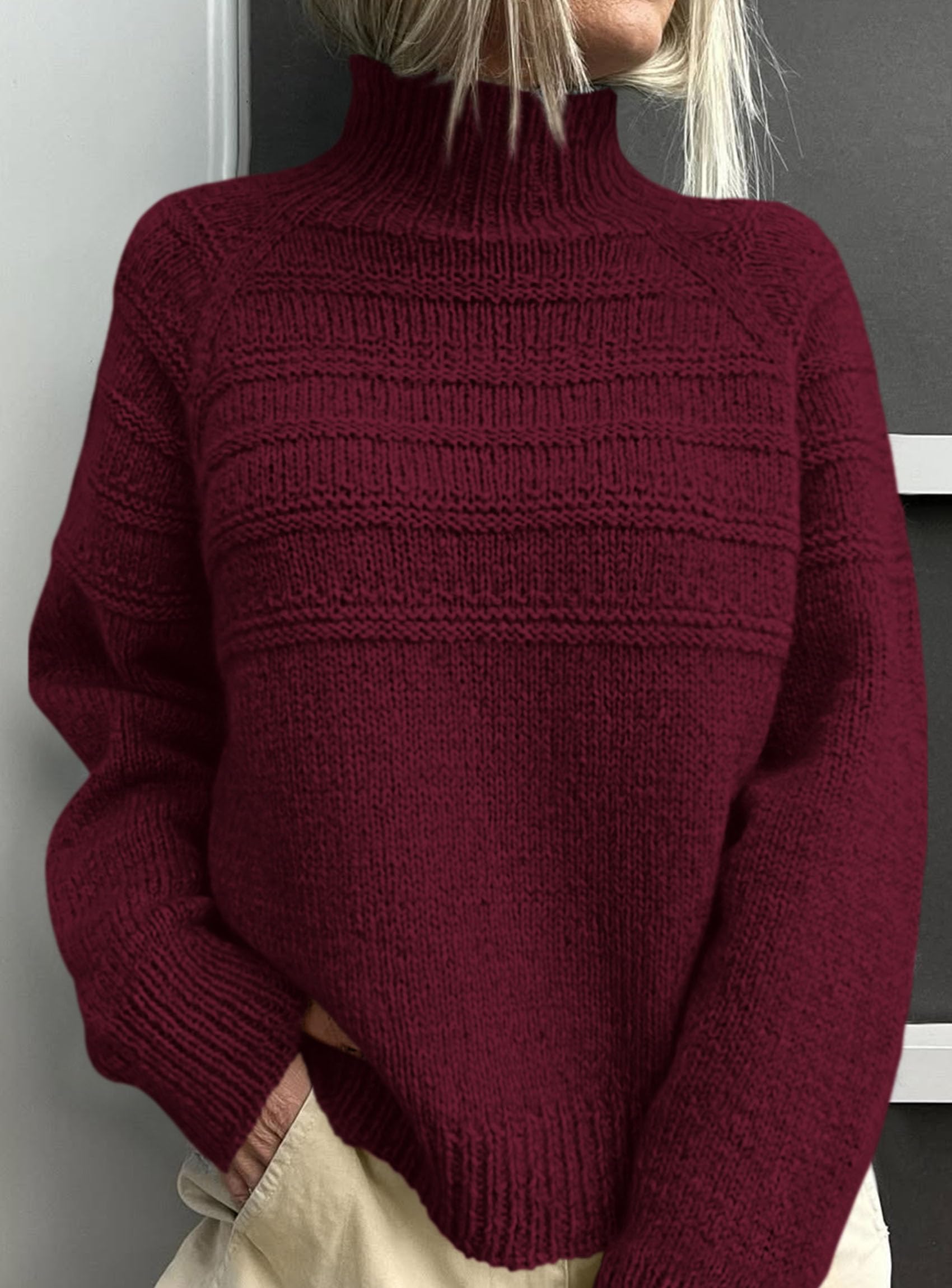 Women's Chunky Knit Mock Neck Pullover Sweaters,Burgundy,S