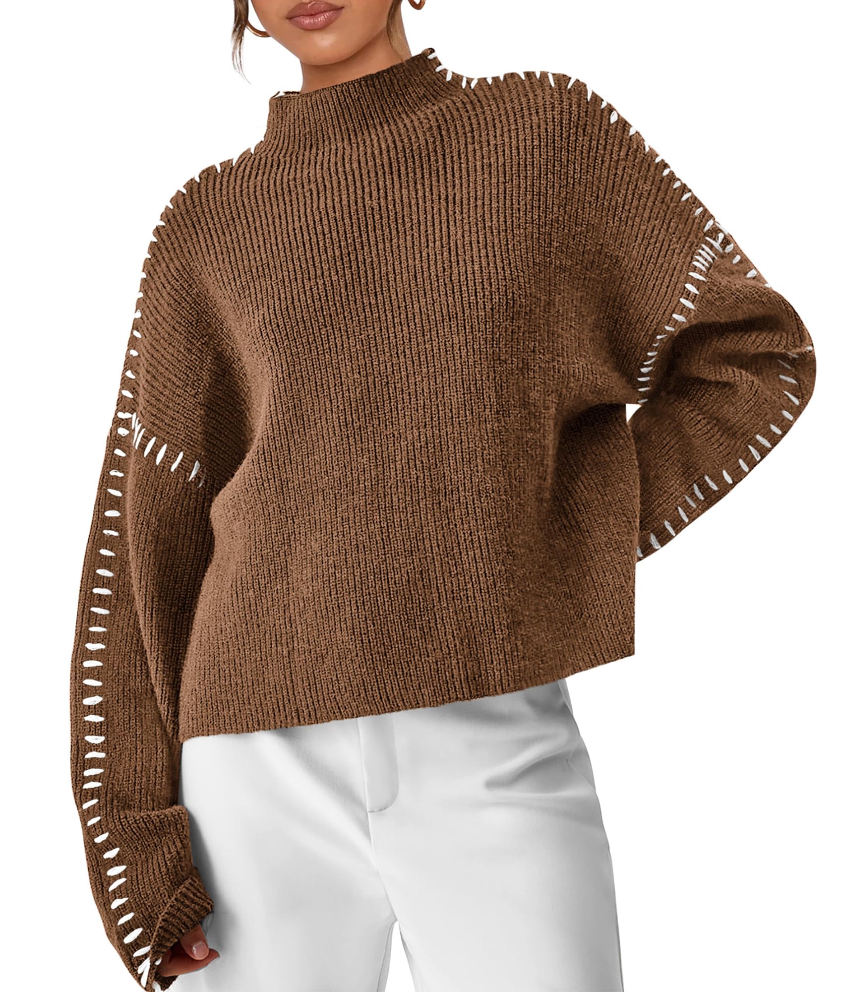 Womens Chunky Knit Oversized Pullover Sweaters,Khaki,S