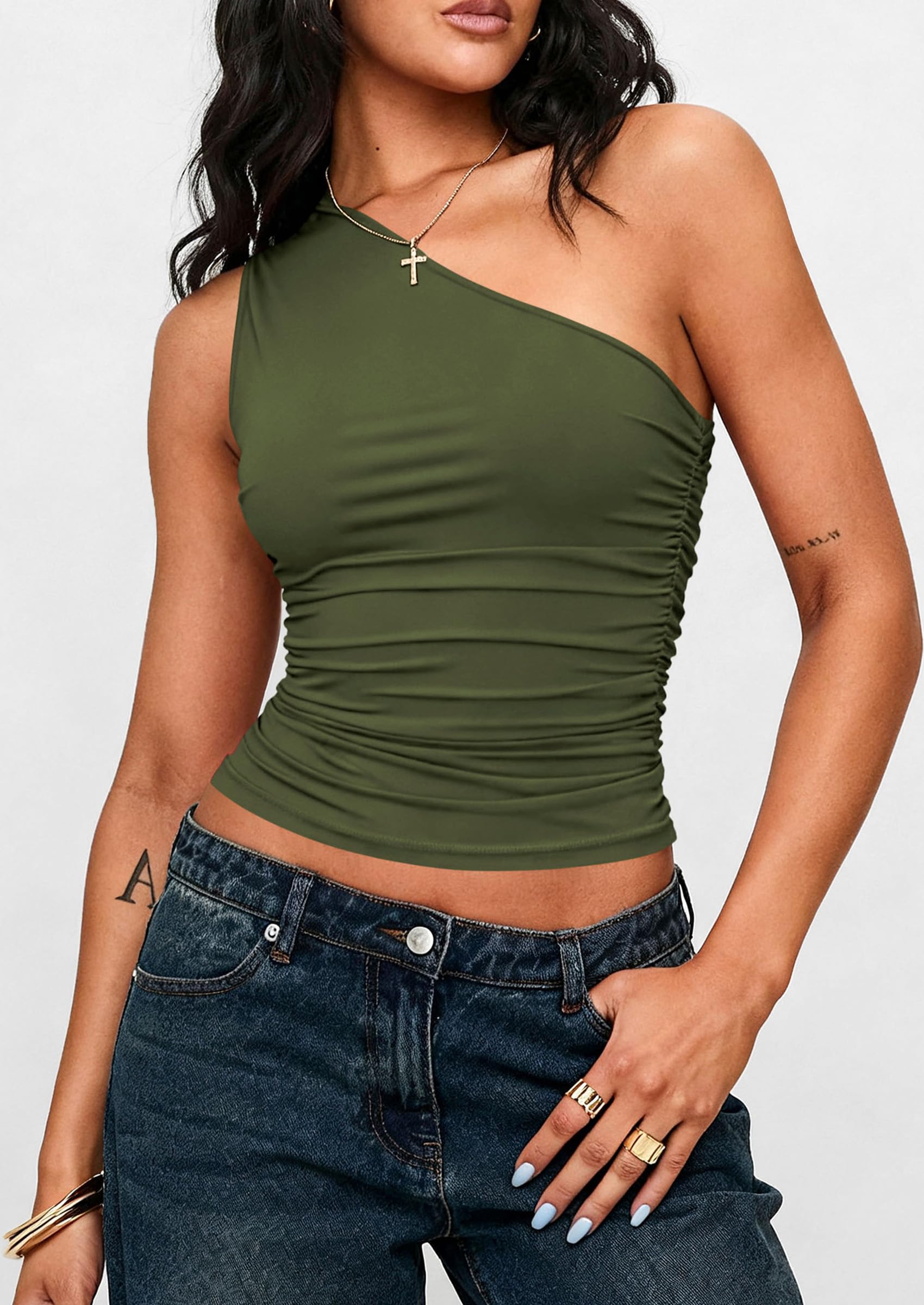 Womens Sleeveless One Shoulder Fitted Y2k Tops,Army Green,XS