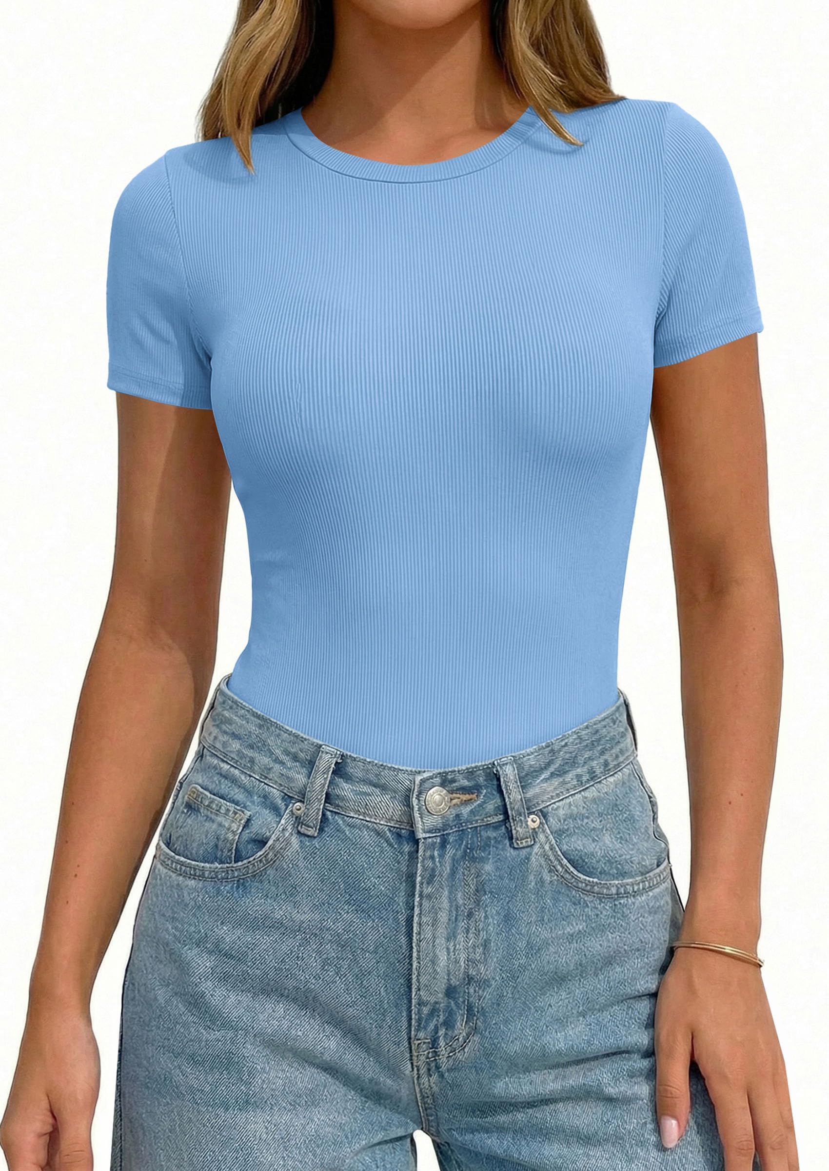Body Suits for Womens Short Sleeve Summer Tops, Light Blue,XS