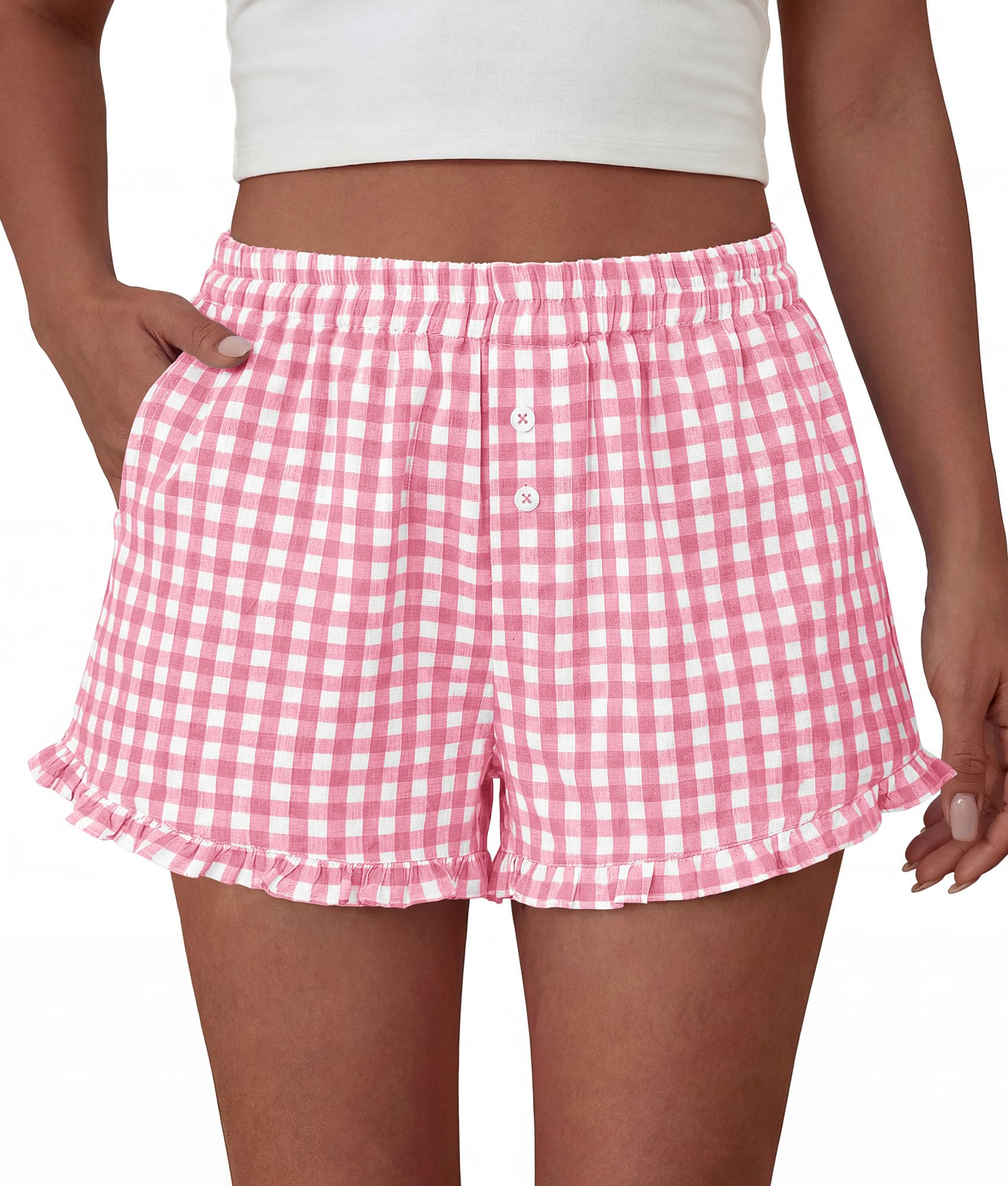 Womens Boxer Shorts Striped Gingham Ruffle Pajama Bottoms