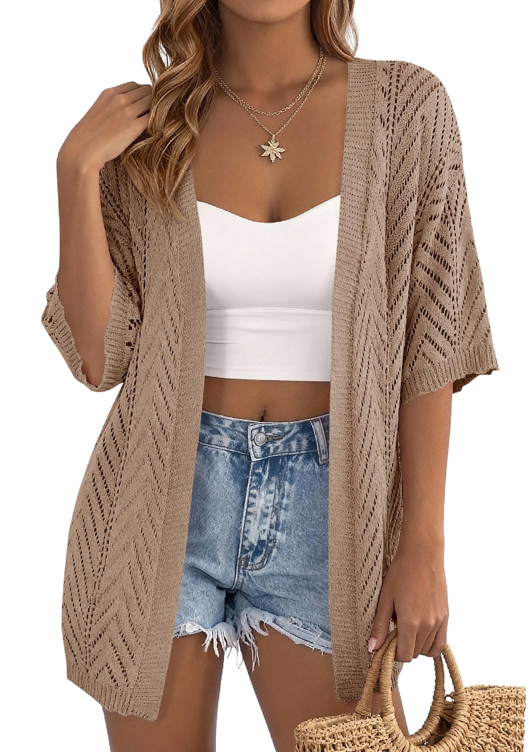 Women Lightweight Summer Short Sleeve Cardigan, Light Brown,S