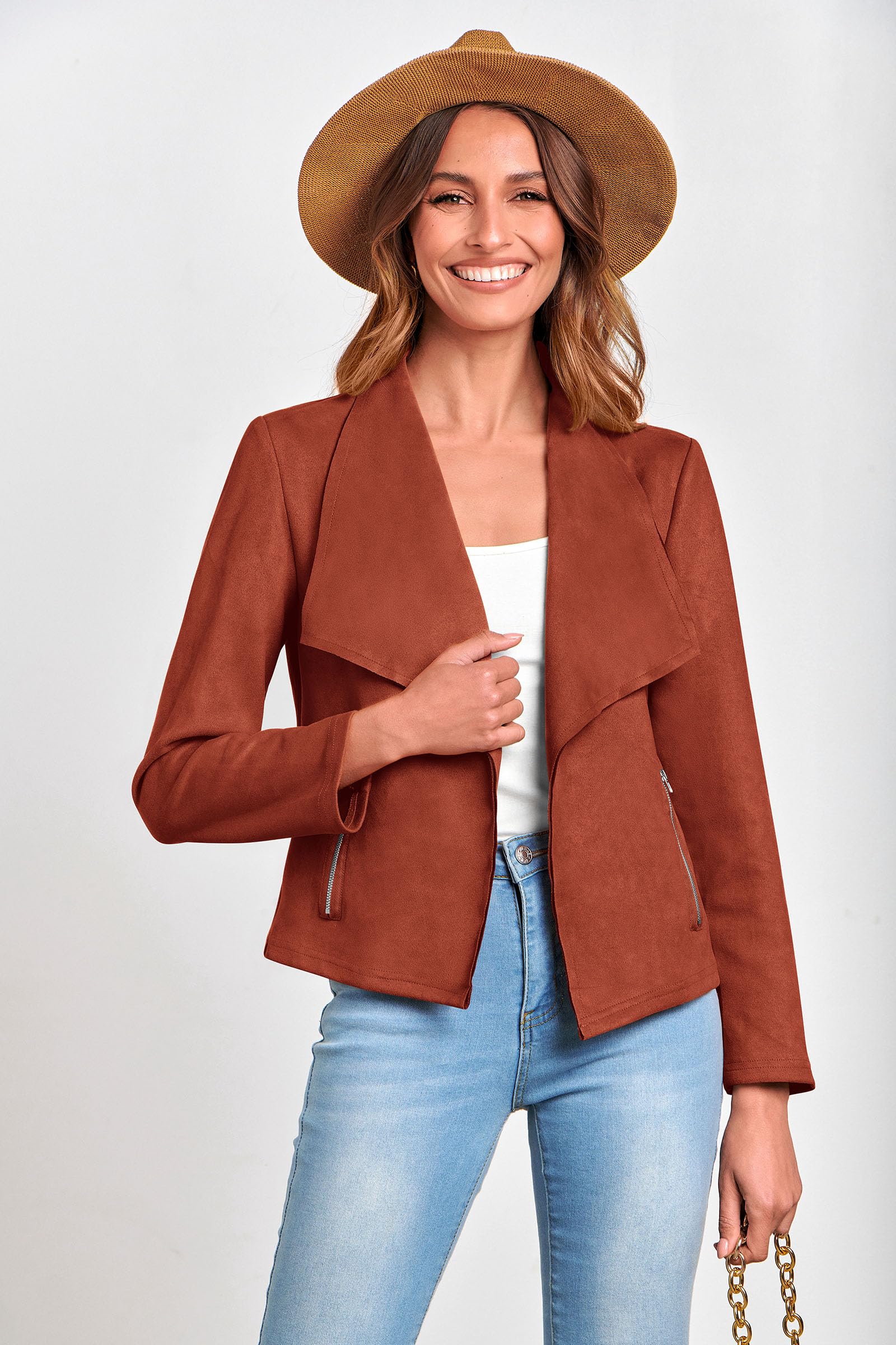 Women's Fall Fashion Faux Suede Jackets(Rust Red,Small)