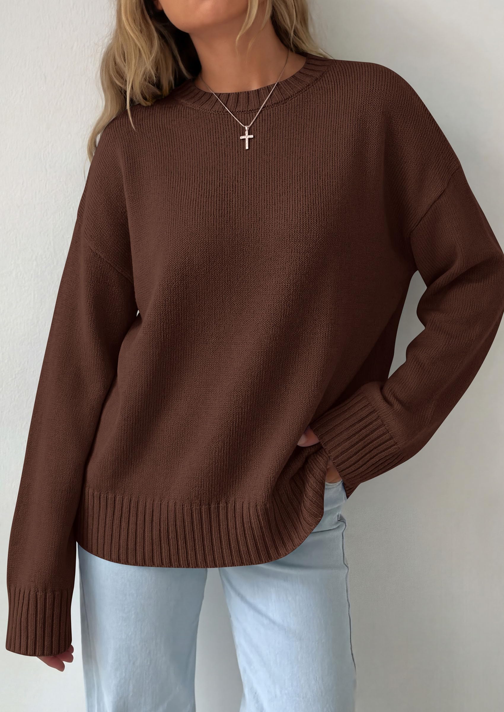 Oversized Sweater Women's Crewneck Long Sleeve Tops Brown